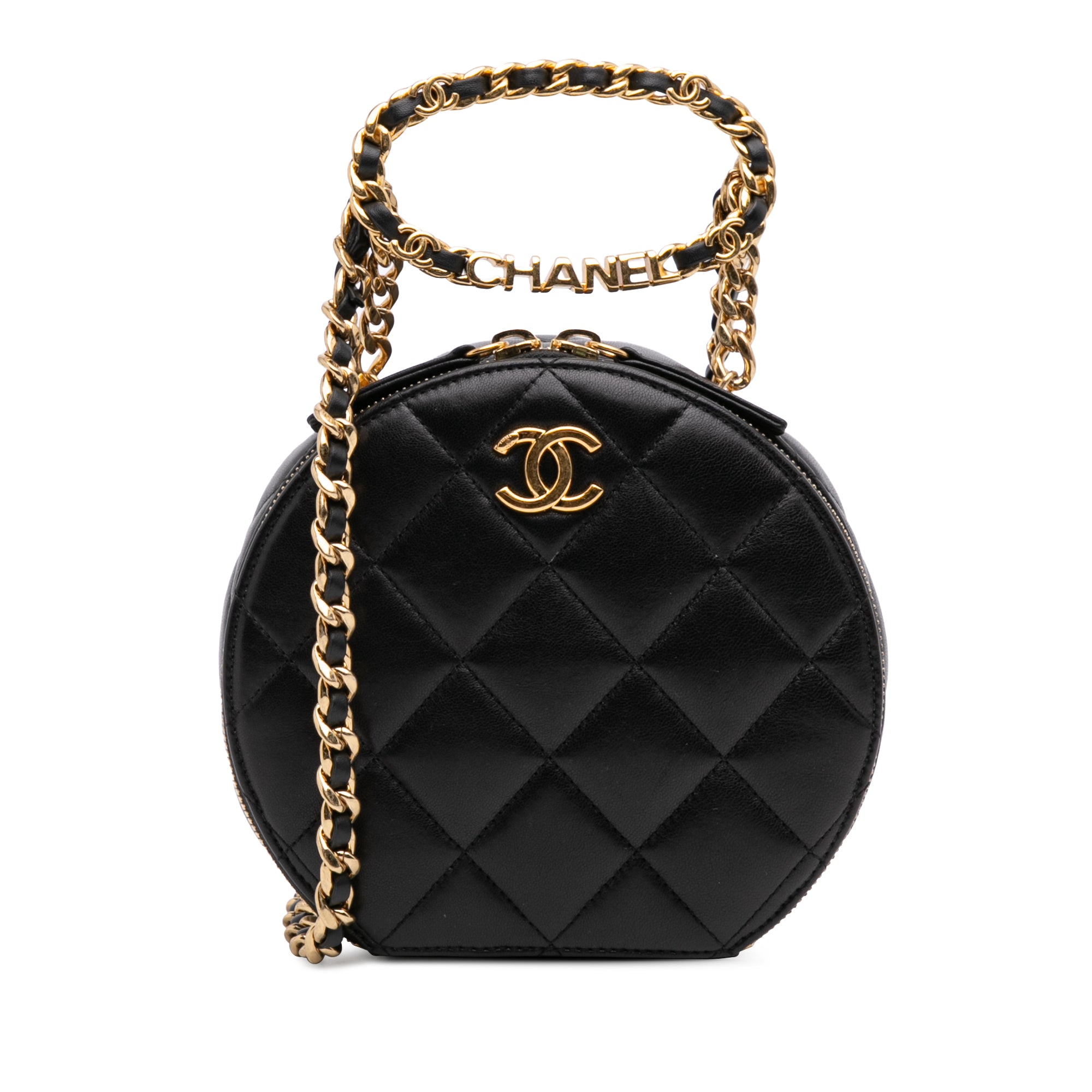 Chanel Quilted Lambskin Oval Logo Chain Top Handle Round Clutch on Chain - image 1