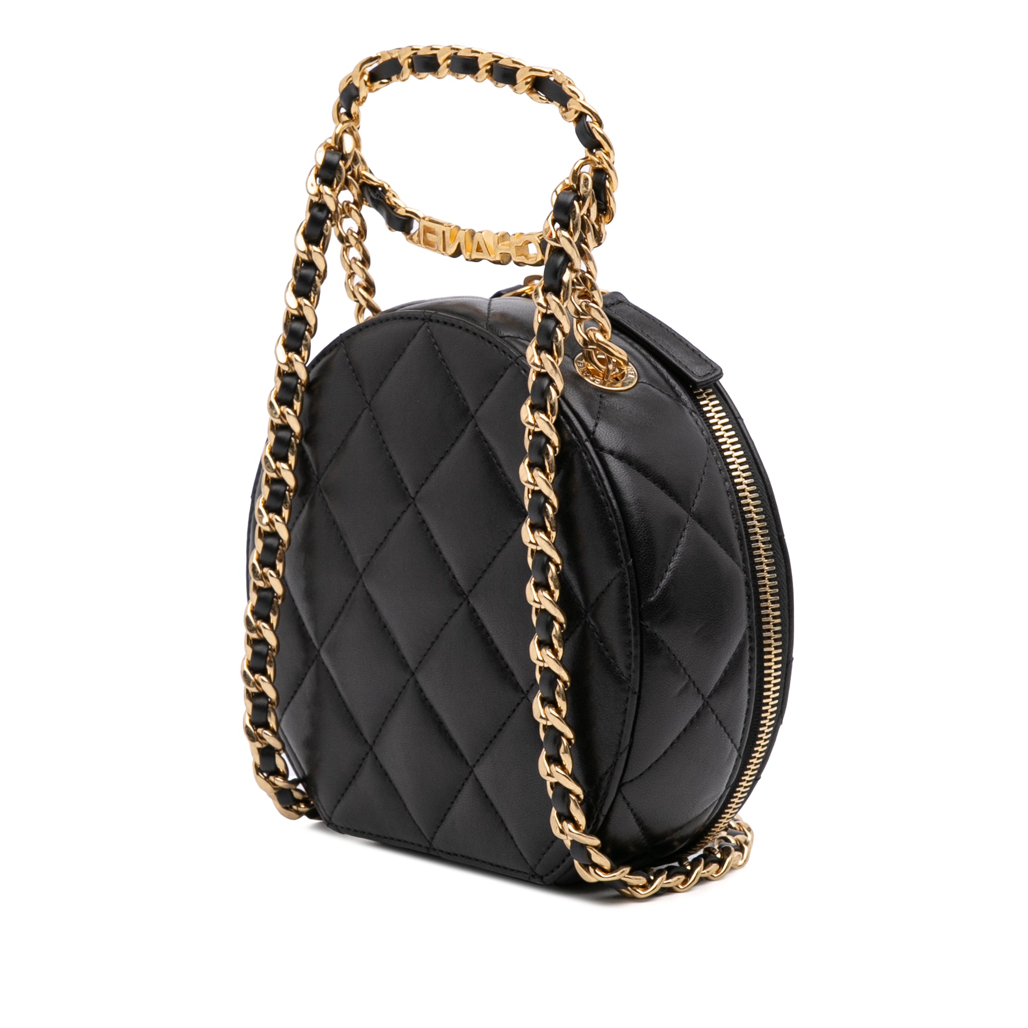 Chanel Quilted Lambskin Oval Logo Chain Top Handle Round Clutch on Chain - image 2