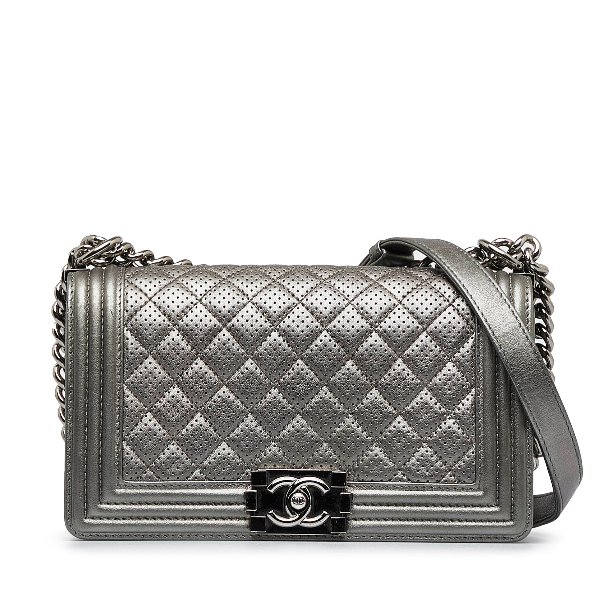 Chanel Old Medium Quilted Perforated Metallic Lambskin Boy Flap - image 1