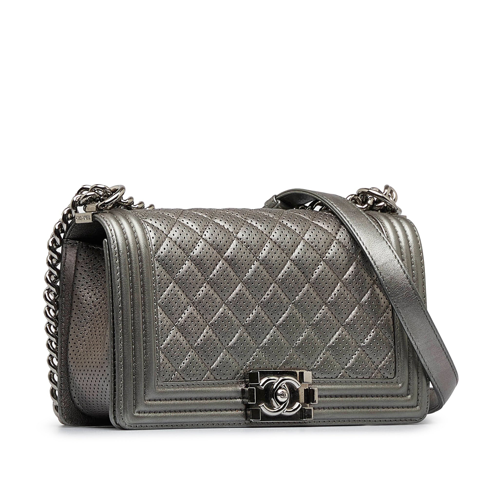 Chanel Old Medium Quilted Perforated Metallic Lambskin Boy Flap - image 2
