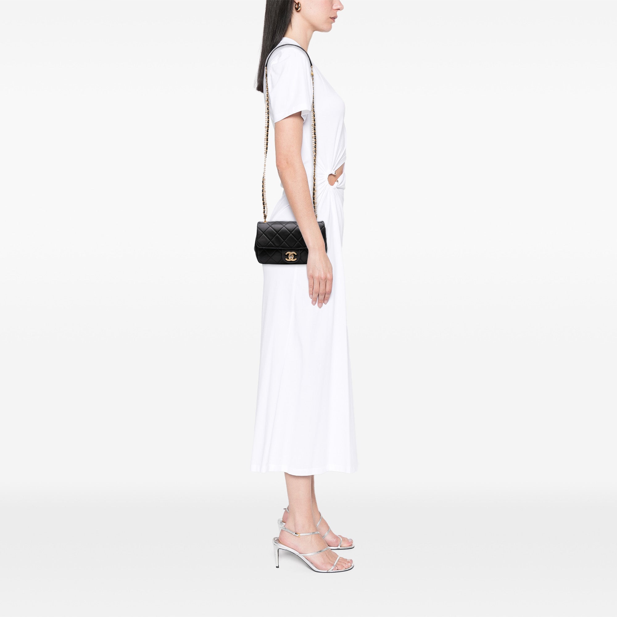 Chanel Mini Quilted Calfskin Crystal Pearls Chain Flap - image 9