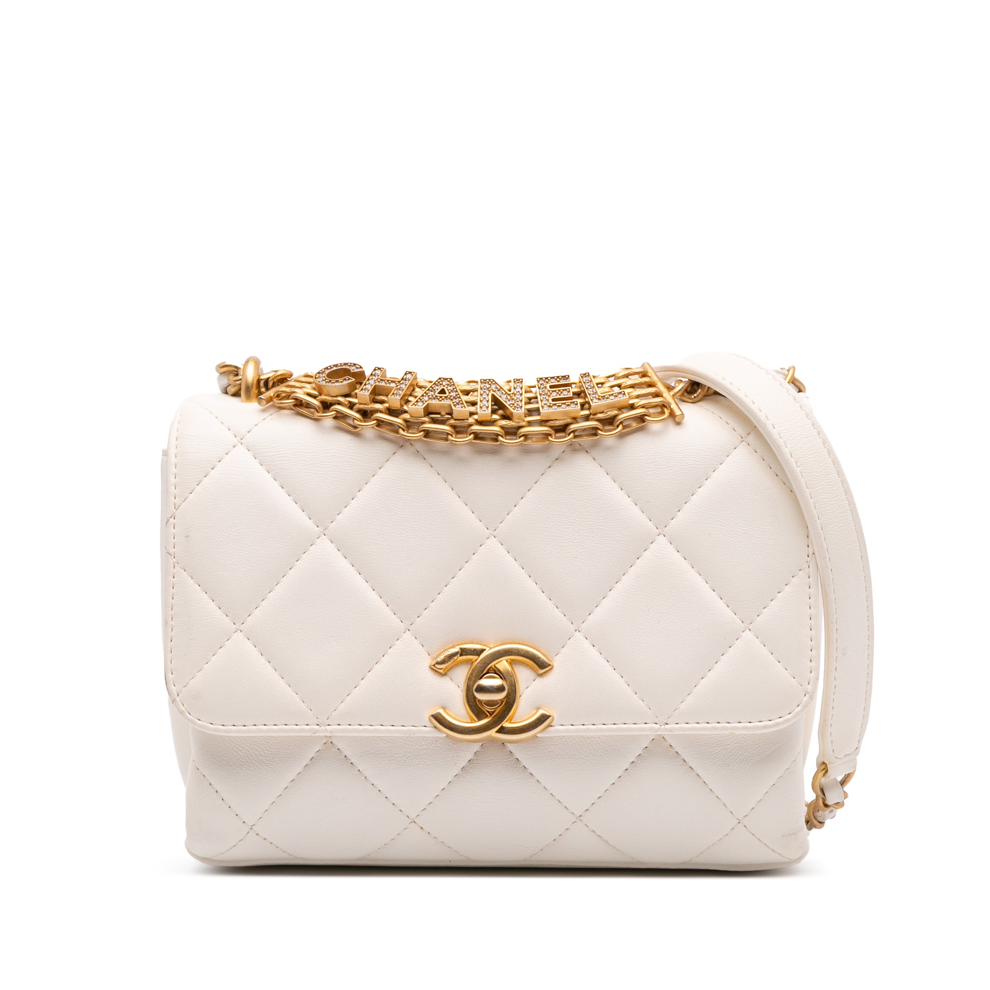 Chanel Mini Quilted Lambskin Crystal Logo Letters Chain Flap - image 1
