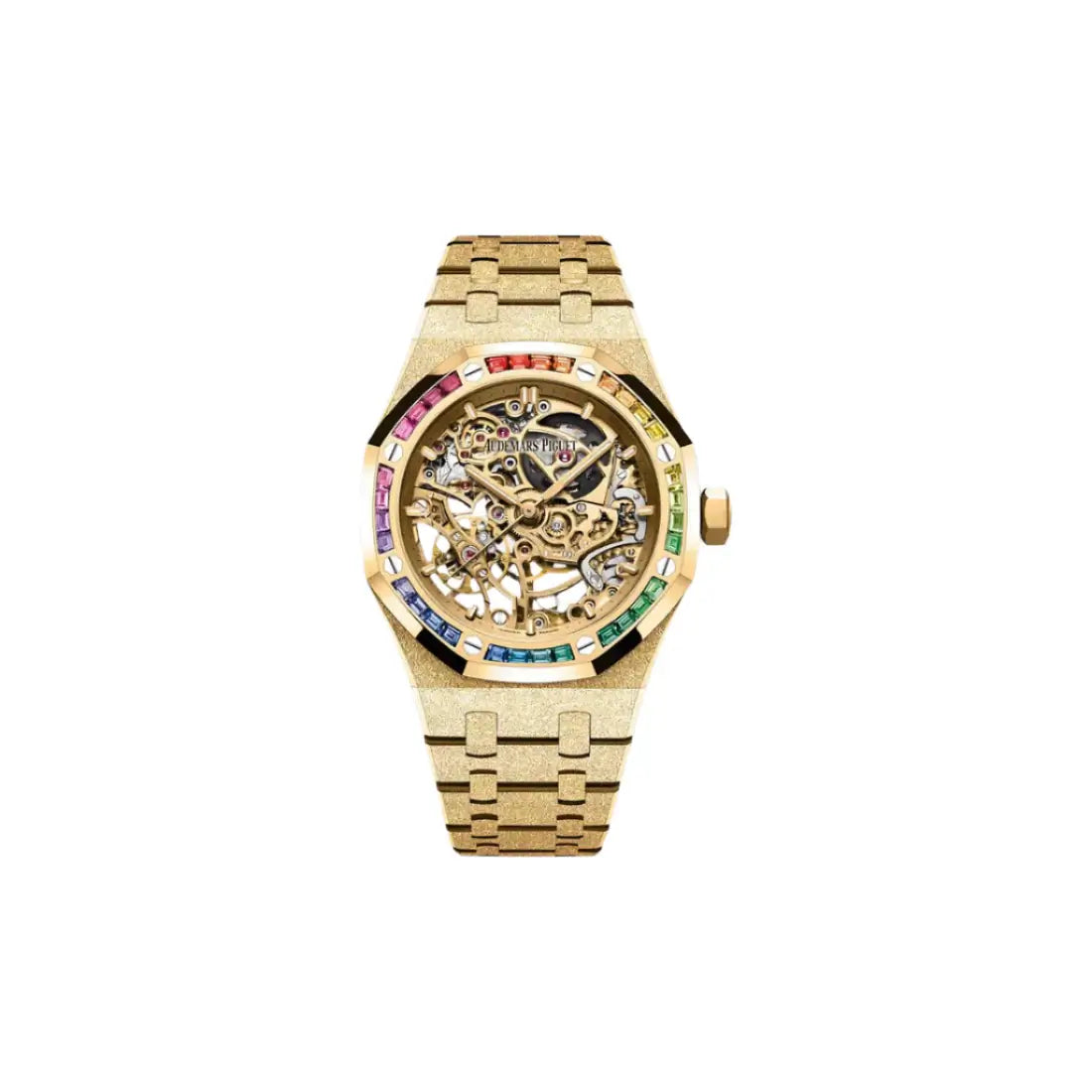 Gold wristwatch with a transparent face on a white background