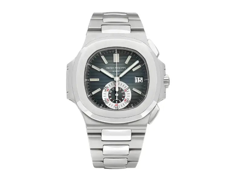 Silver watch with a black face on a white background