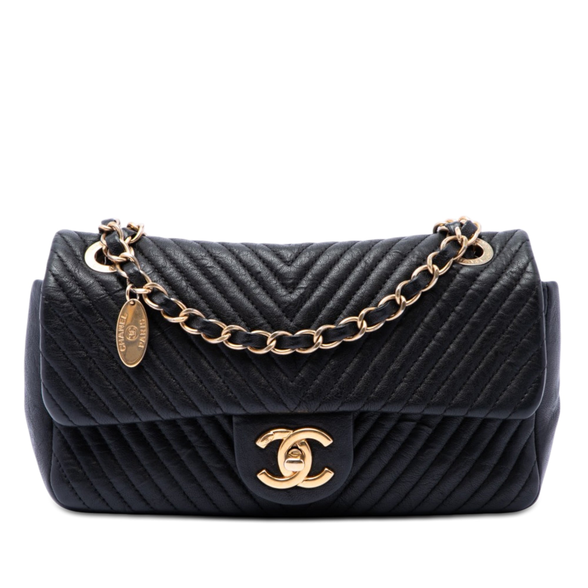 Chanel Small Chevron Wrinkled Calfskin Medallion Charm Surpique Flap - image 1