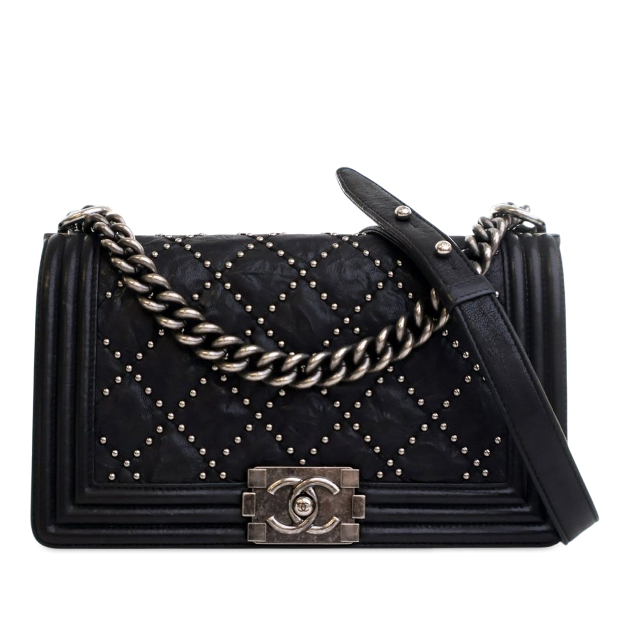 Chanel Old Medium Quilted Crumpled Calfskin Studded Boy Flap - image 1