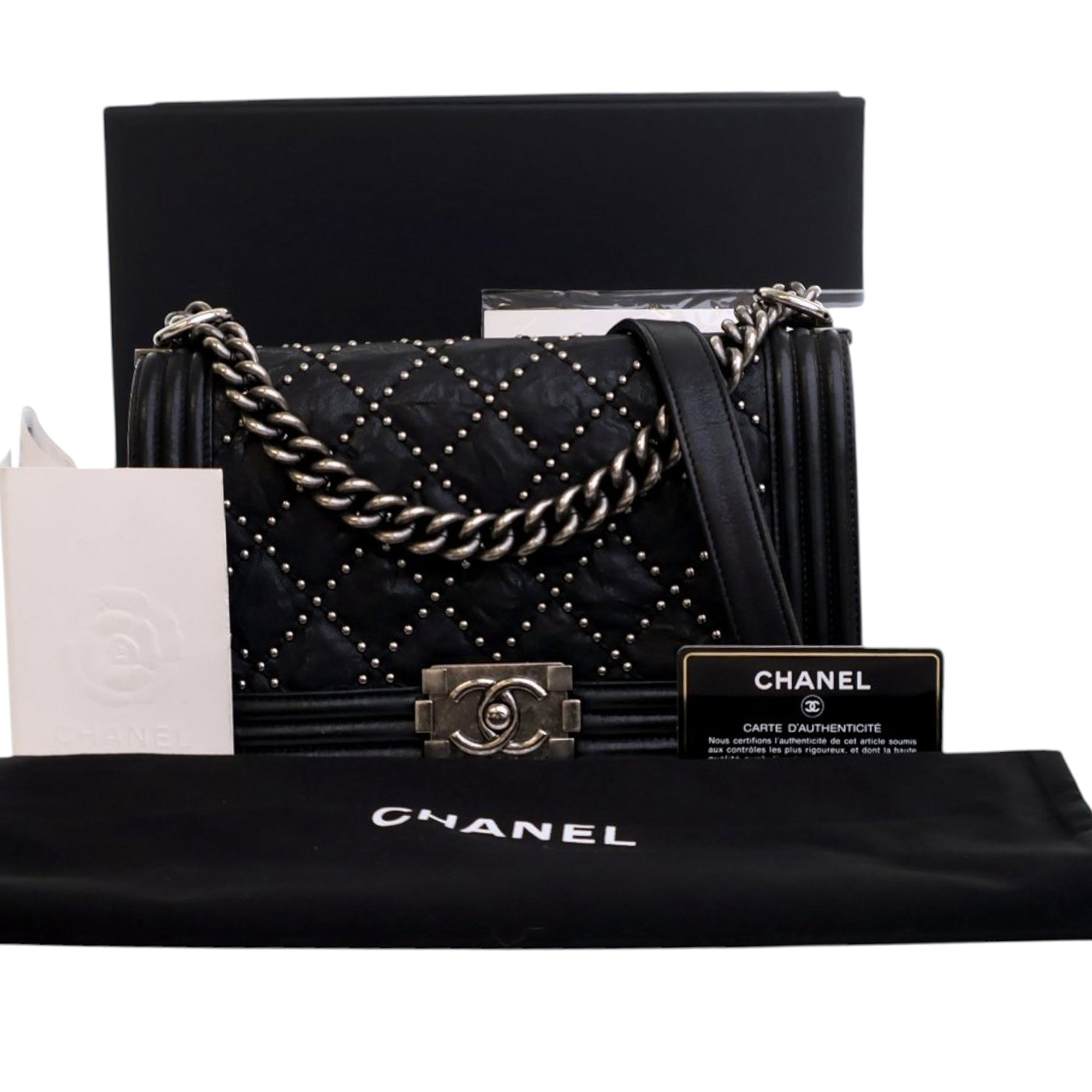 Chanel Old Medium Quilted Crumpled Calfskin Studded Boy Flap - image 12