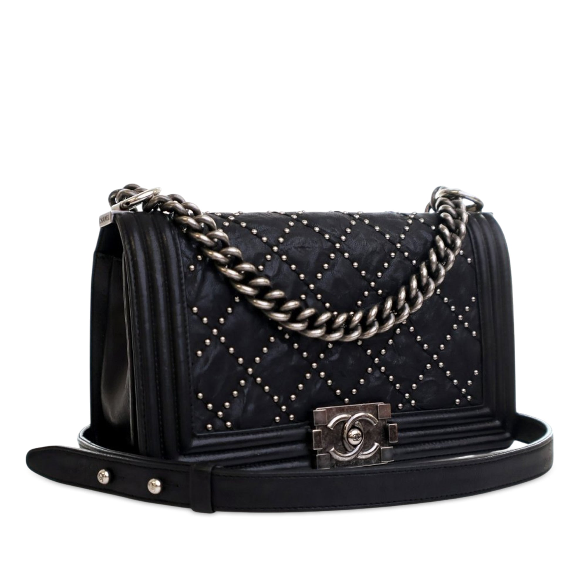 Chanel Old Medium Quilted Crumpled Calfskin Studded Boy Flap - image 2