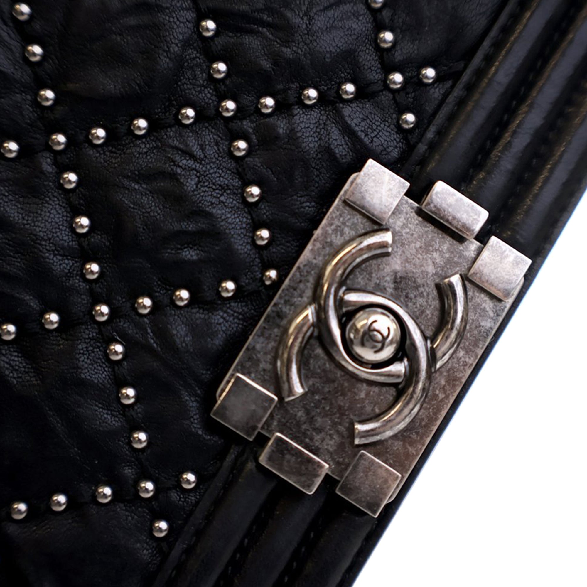 Chanel Old Medium Quilted Crumpled Calfskin Studded Boy Flap - image 8