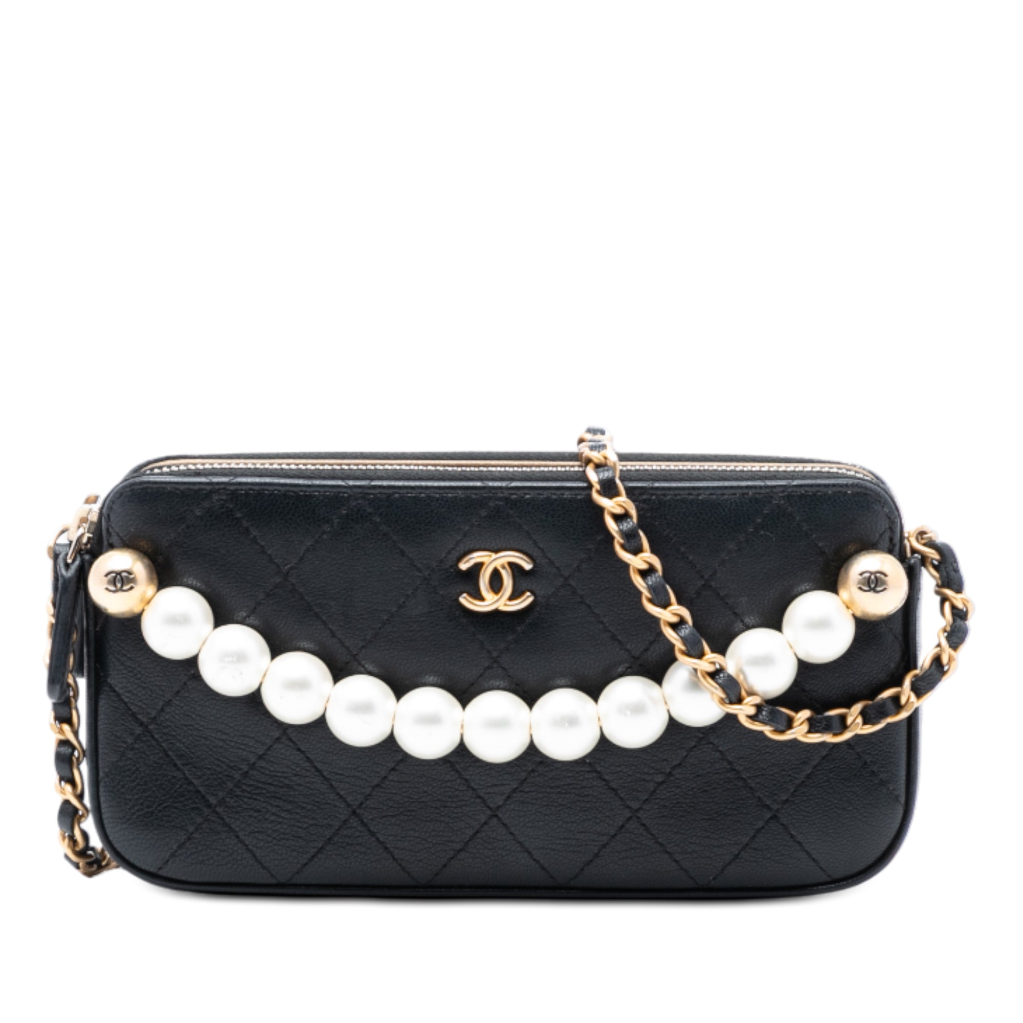 Chanel CC Quilted Goatskin Chic Pearls Double Zip Clutch With Chain - image 1