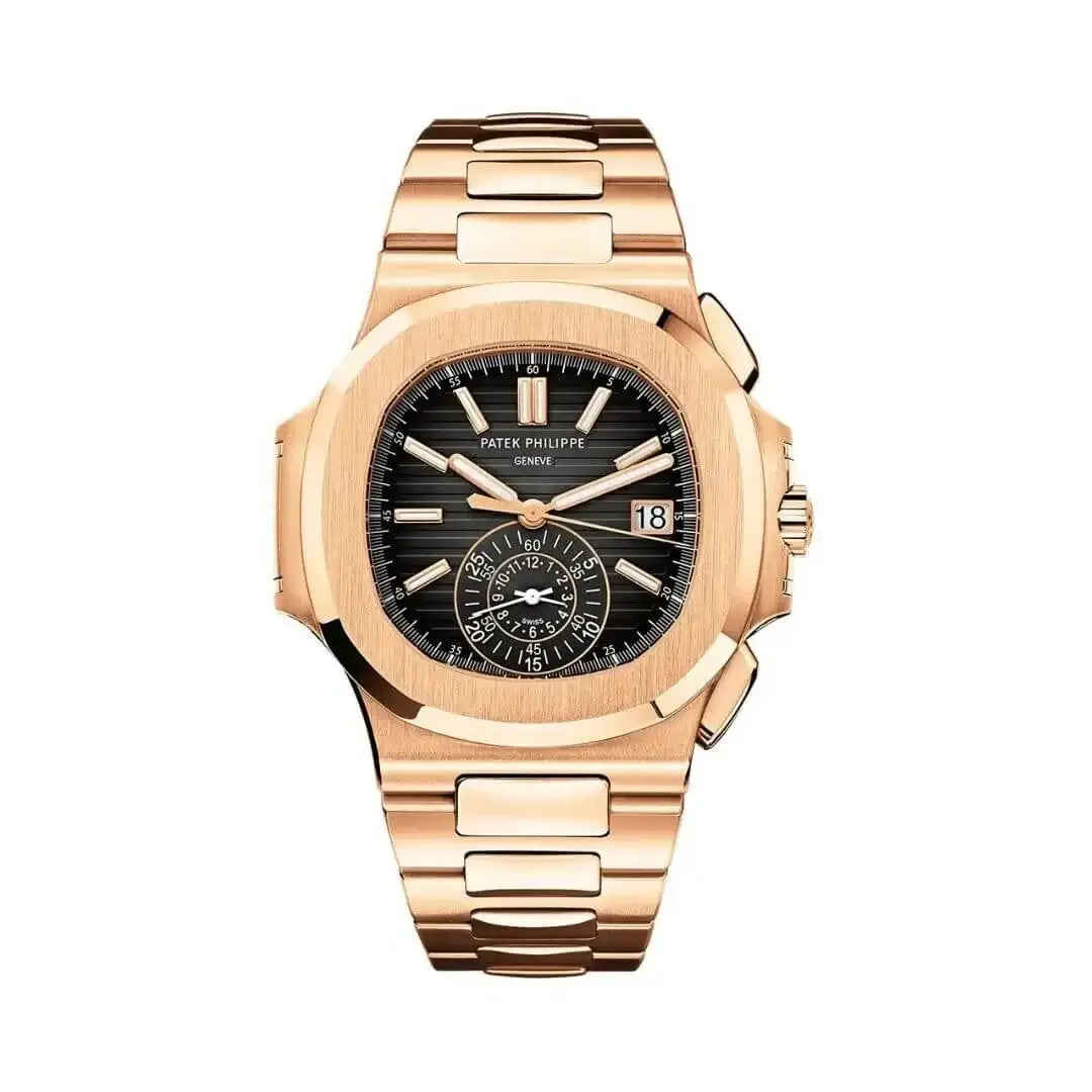 Rose gold Patek Philippe watch with black dial on a white background