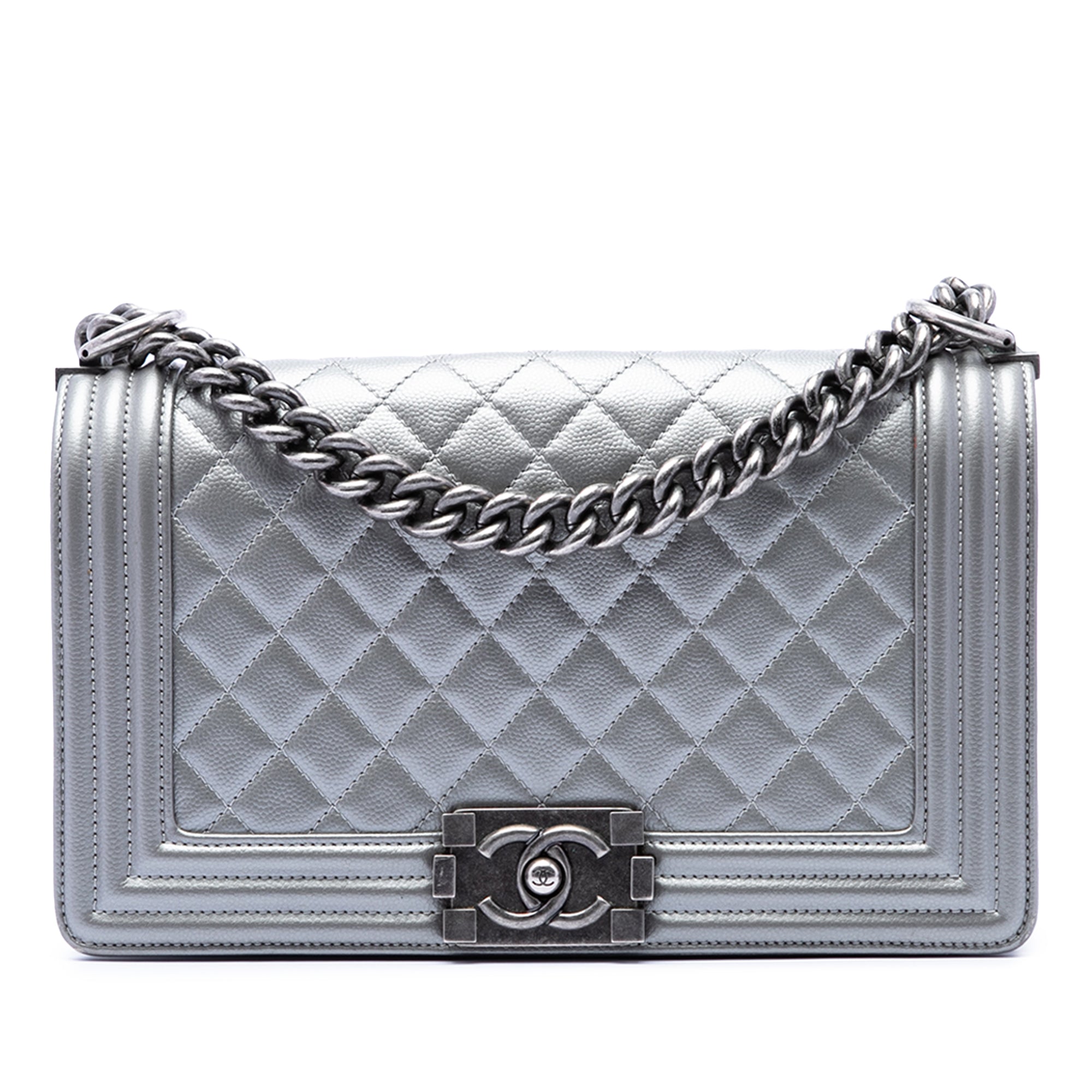Chanel Old Medium Quilted Metallic Caviar Boy Flap - image 1