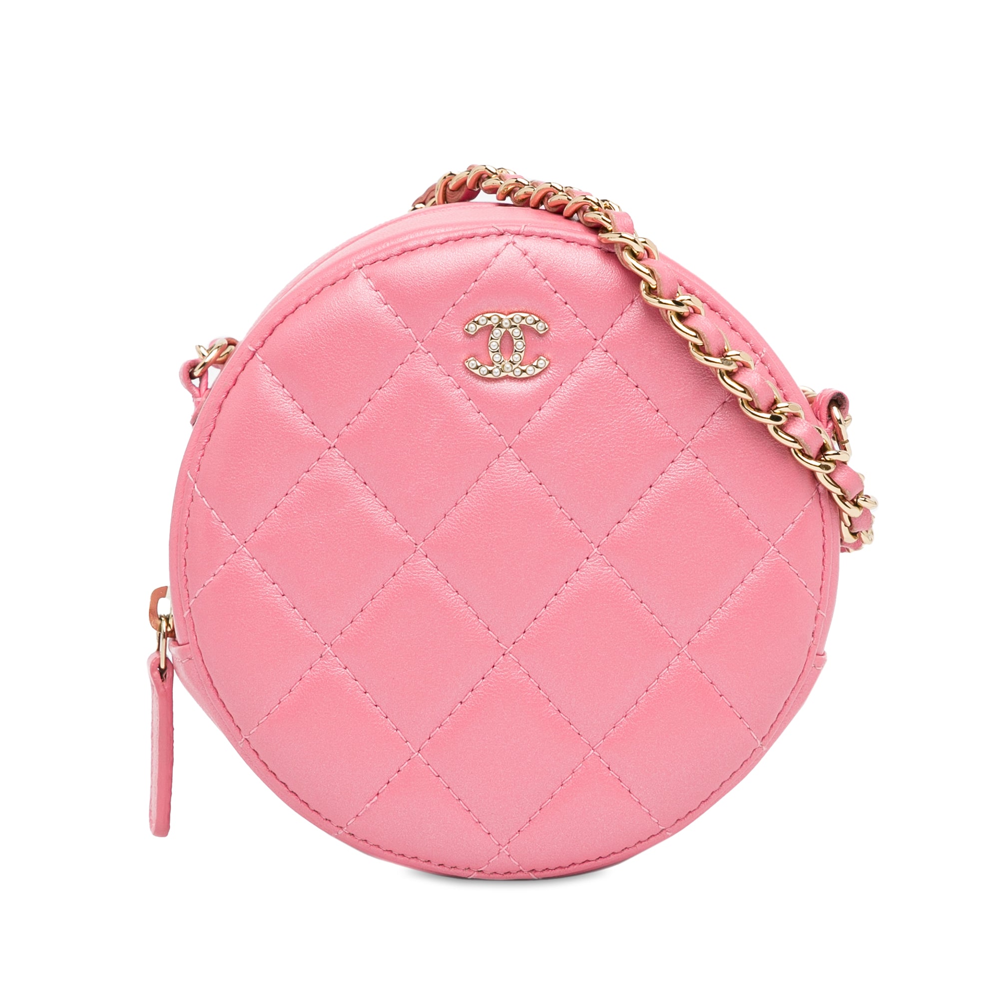 Chanel CC Quilted Lambskin Pearl Crush Round Clutch with Chain - image 1