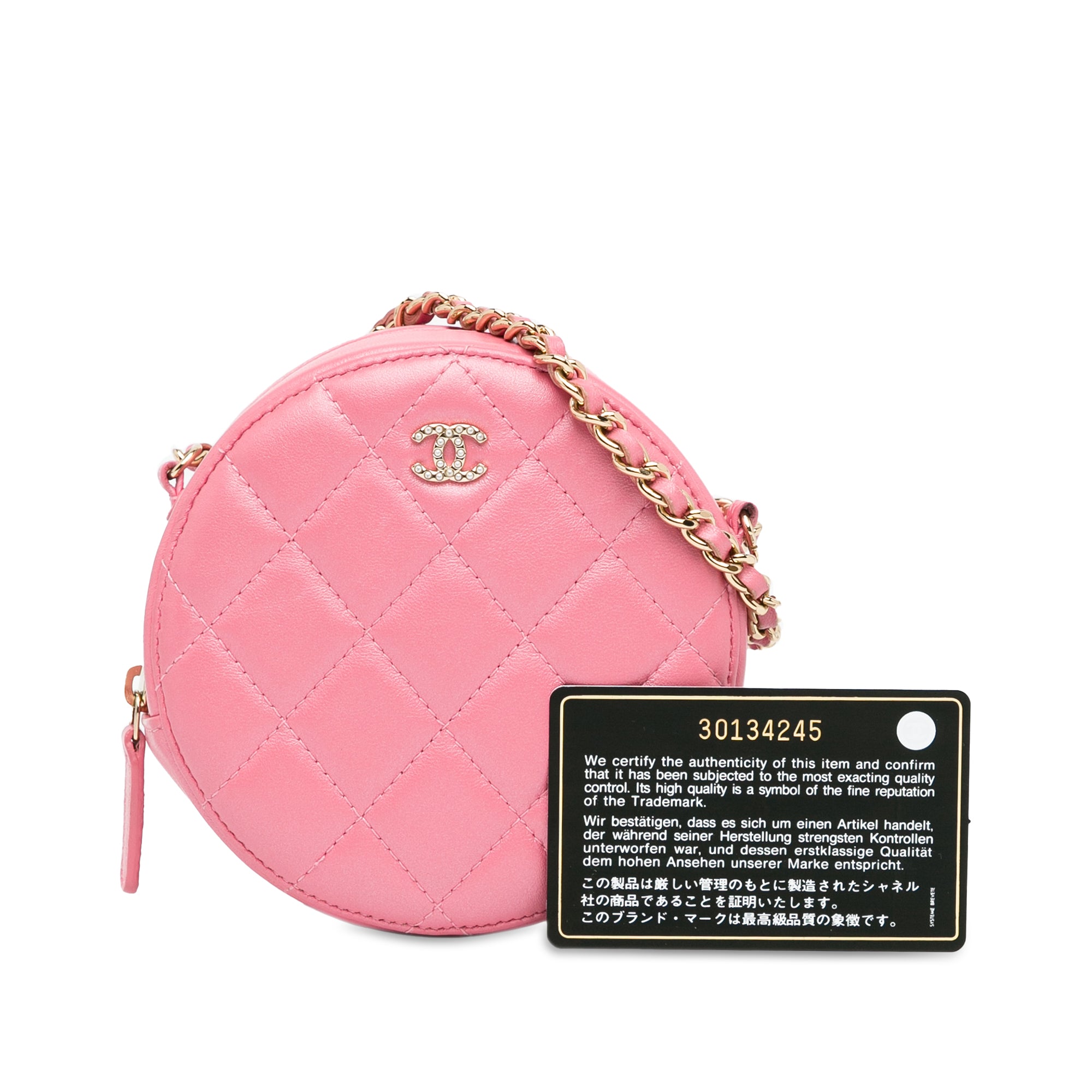 Chanel CC Quilted Lambskin Pearl Crush Round Clutch with Chain - image 10