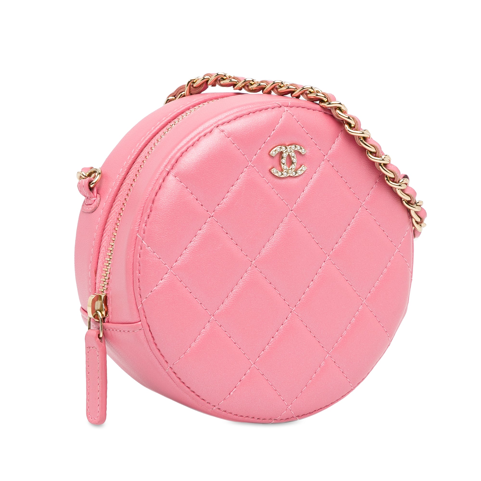 Chanel CC Quilted Lambskin Pearl Crush Round Clutch with Chain - image 2