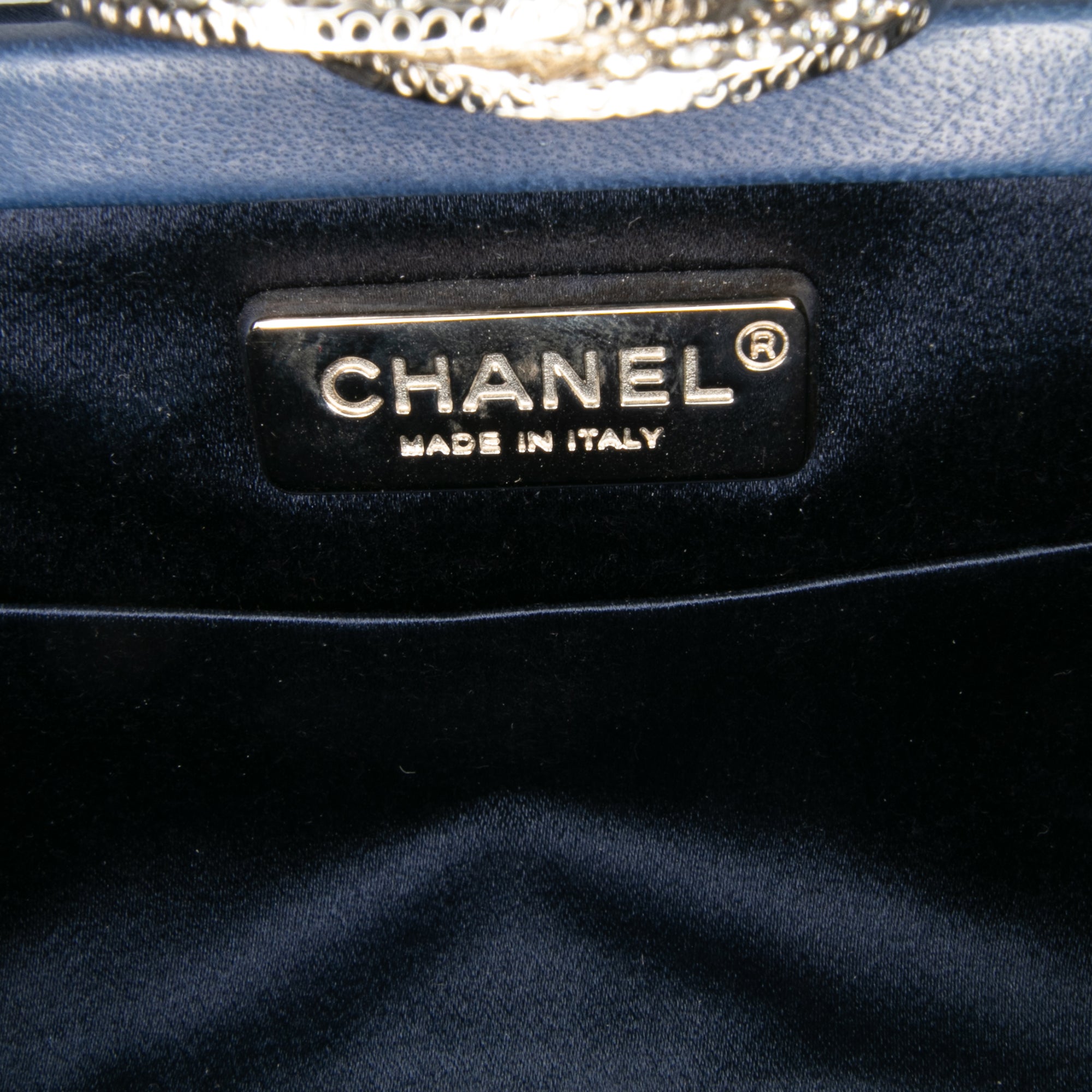 Chanel Satin Crystal Camellia Evening Frame Clutch - image 5