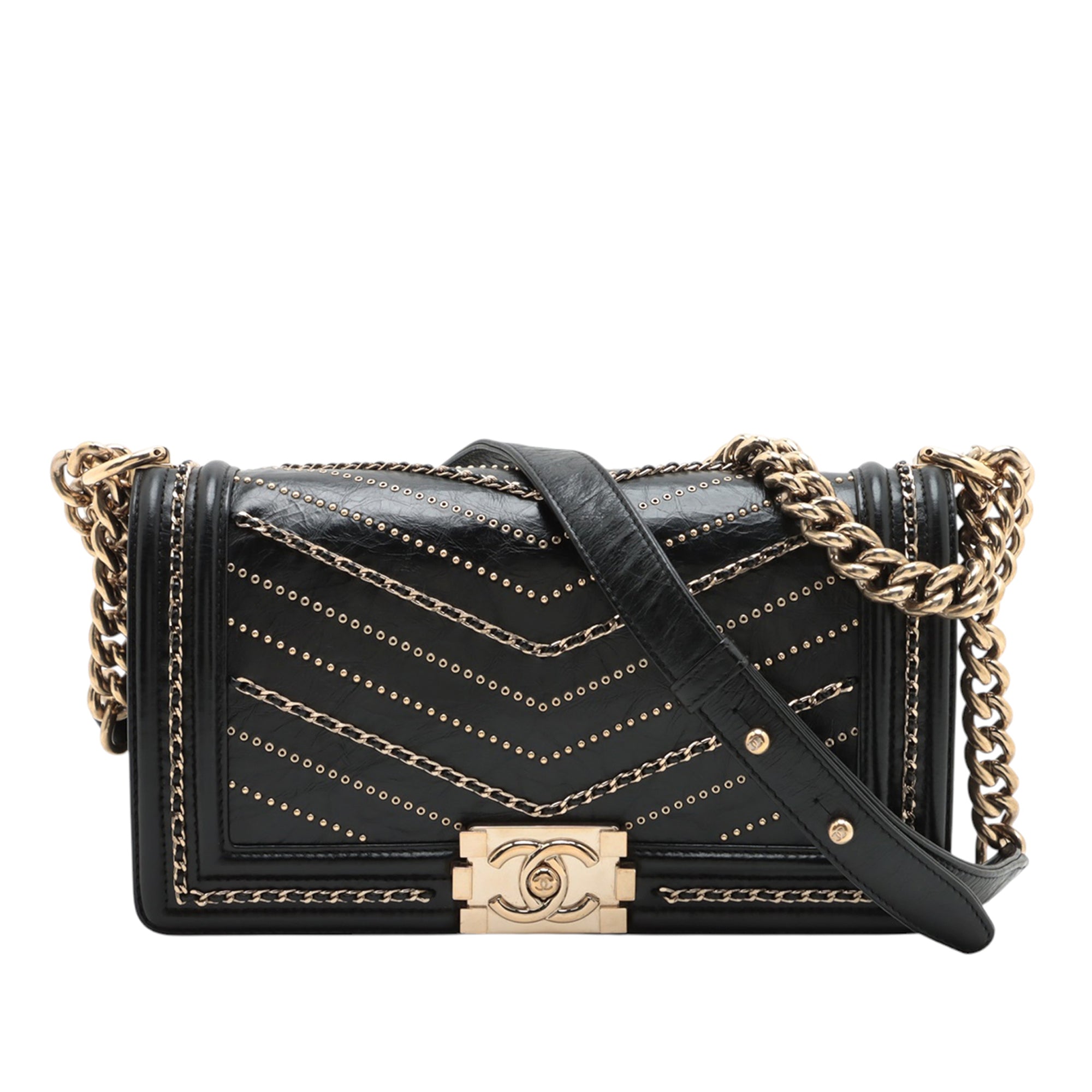 Chanel Old Medium Chevron Crumpled Calfskin Embellished Boy Flap - image 1