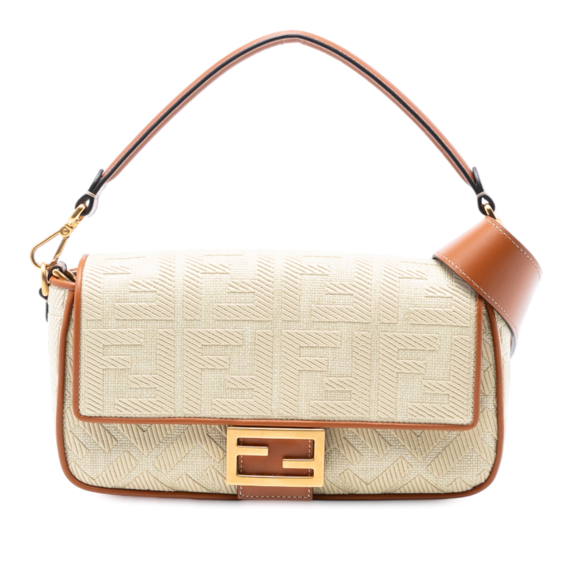 Fendi Zucca Embroidered Raffia Baguette Satchel - image 1