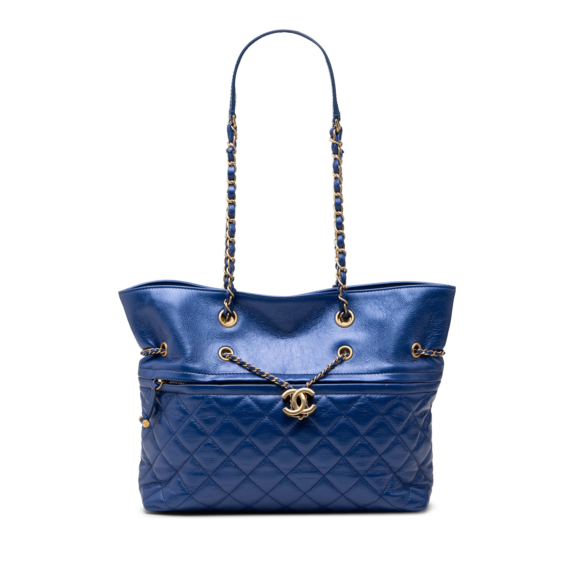 Chanel CC Calfskin Front Zip Drawstring Chain Tote - image 1