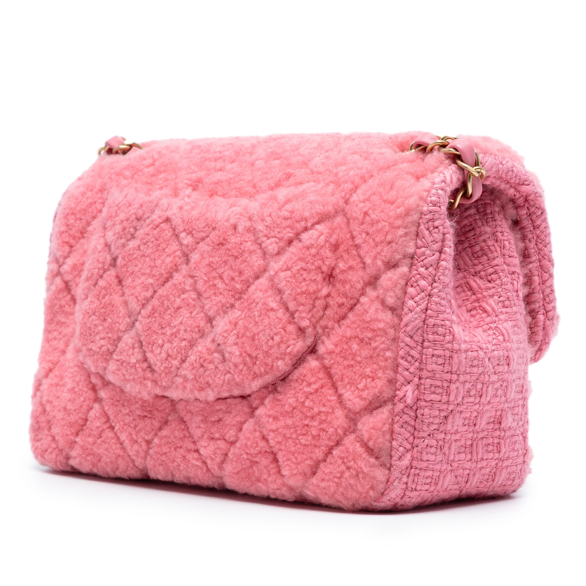 Chanel CC Quilted Shearling and Tweed Single Flap - image 2