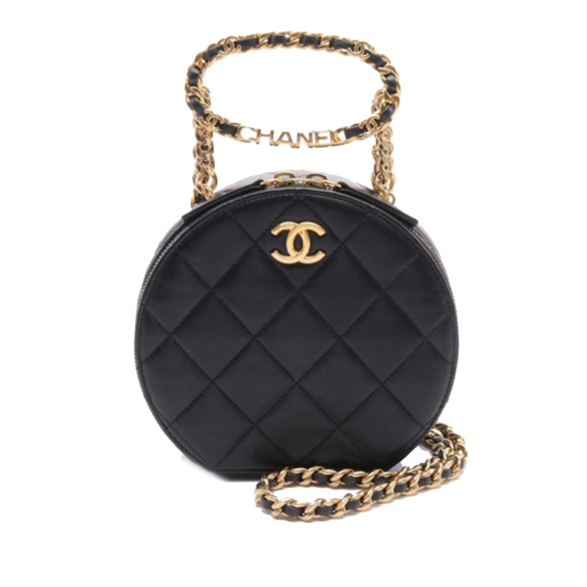 Chanel Quilted Lambskin Oval Logo Chain Top Handle Round Clutch on Chain - image 1