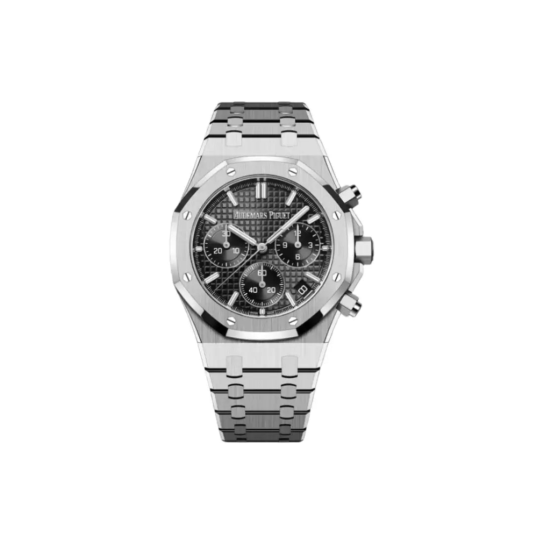 Silver watch with a detailed face on a white background