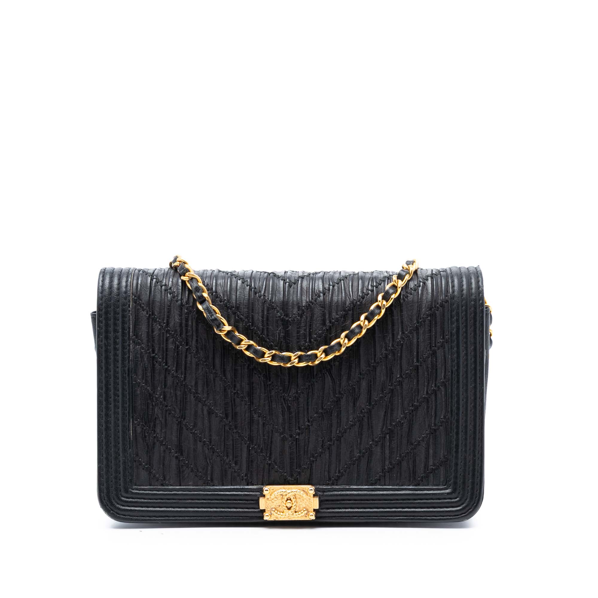 Chanel Pleated Crumpled Chevron Calfskin Boy Wallet On Chain - image 1