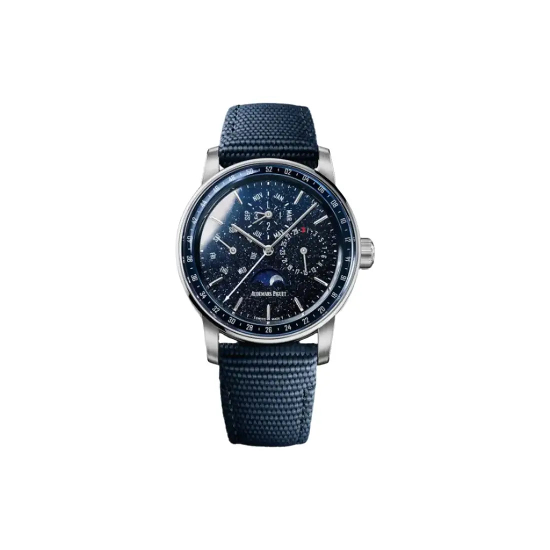 Watch with a blue strap and detailed face on a white background