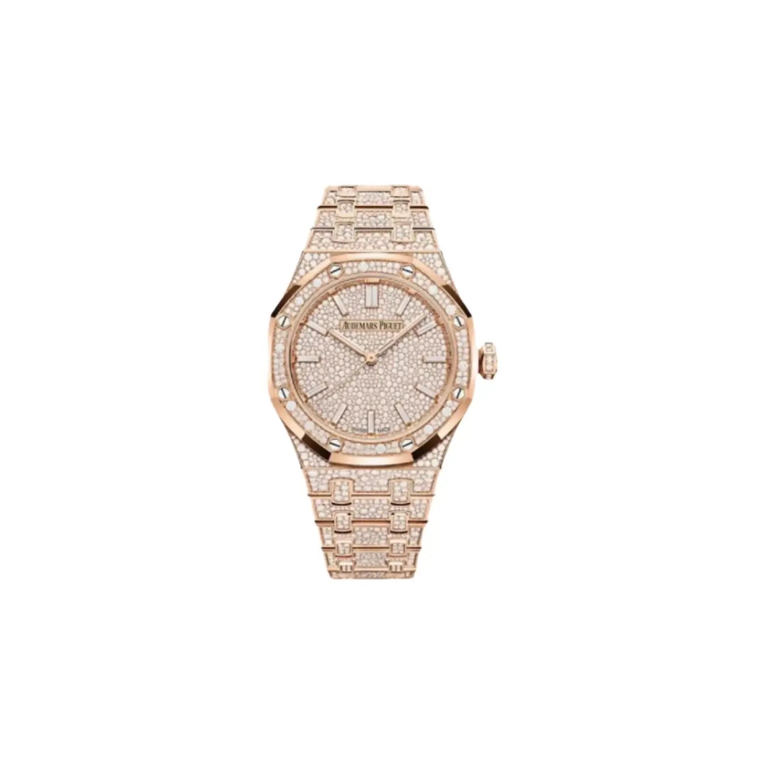 Luxury watch with rose gold case and bracelet on a light gray background