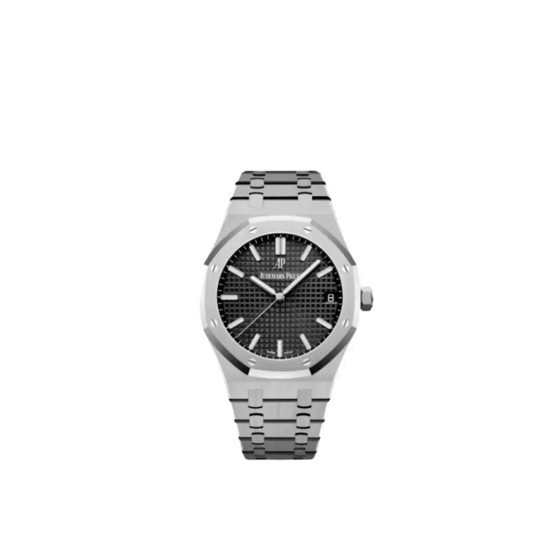 Silver watch with black face on a light gray background