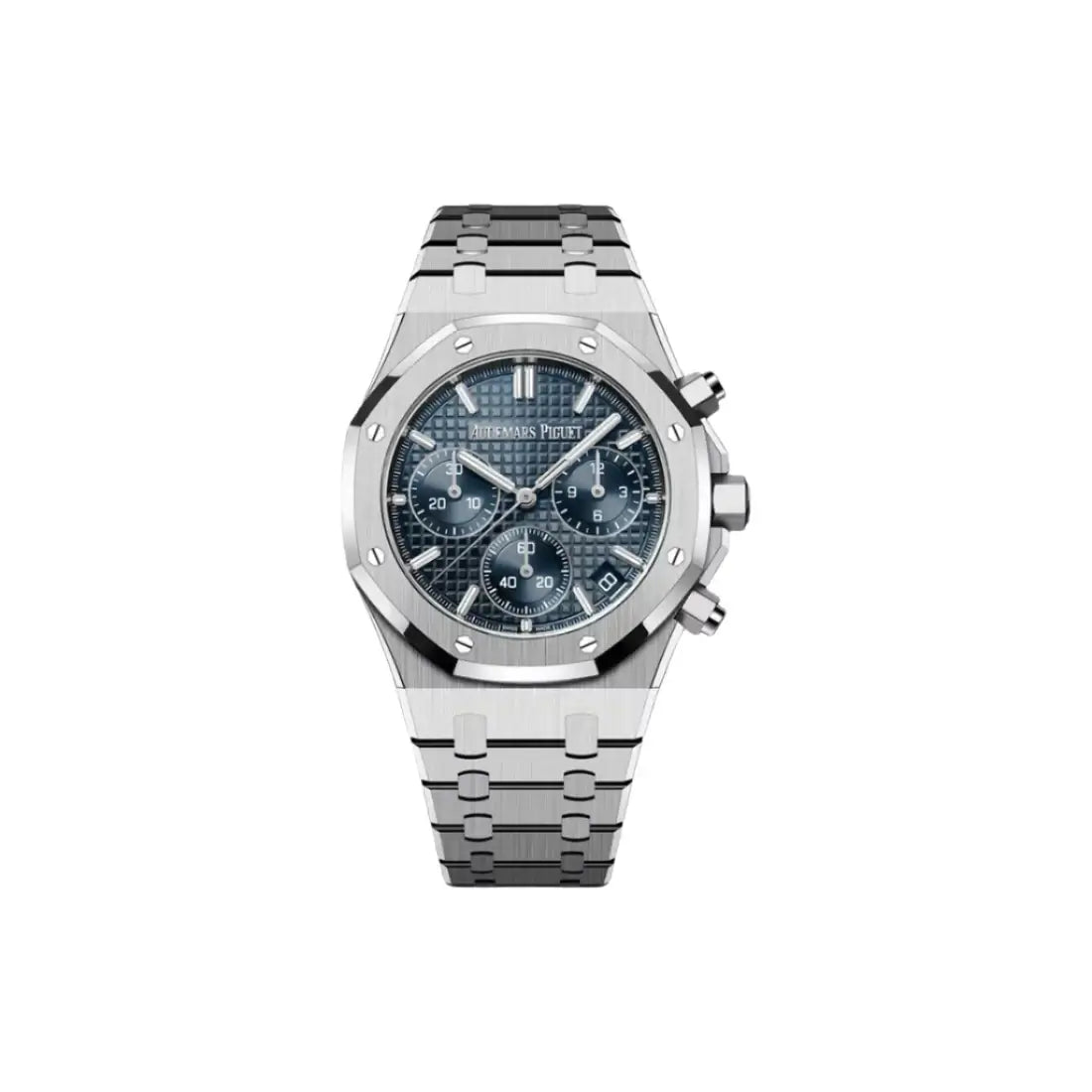 Silver watch with a detailed face on a white background
