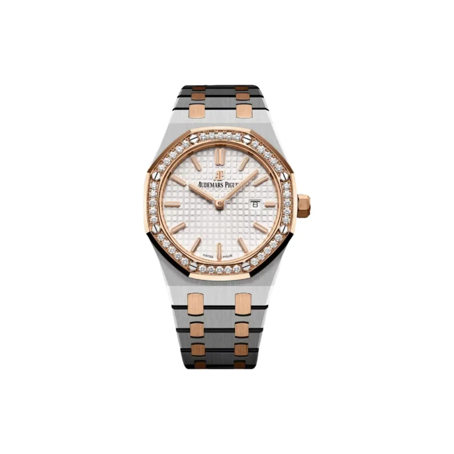 Luxury watch with rose gold and silver band on a light gray background