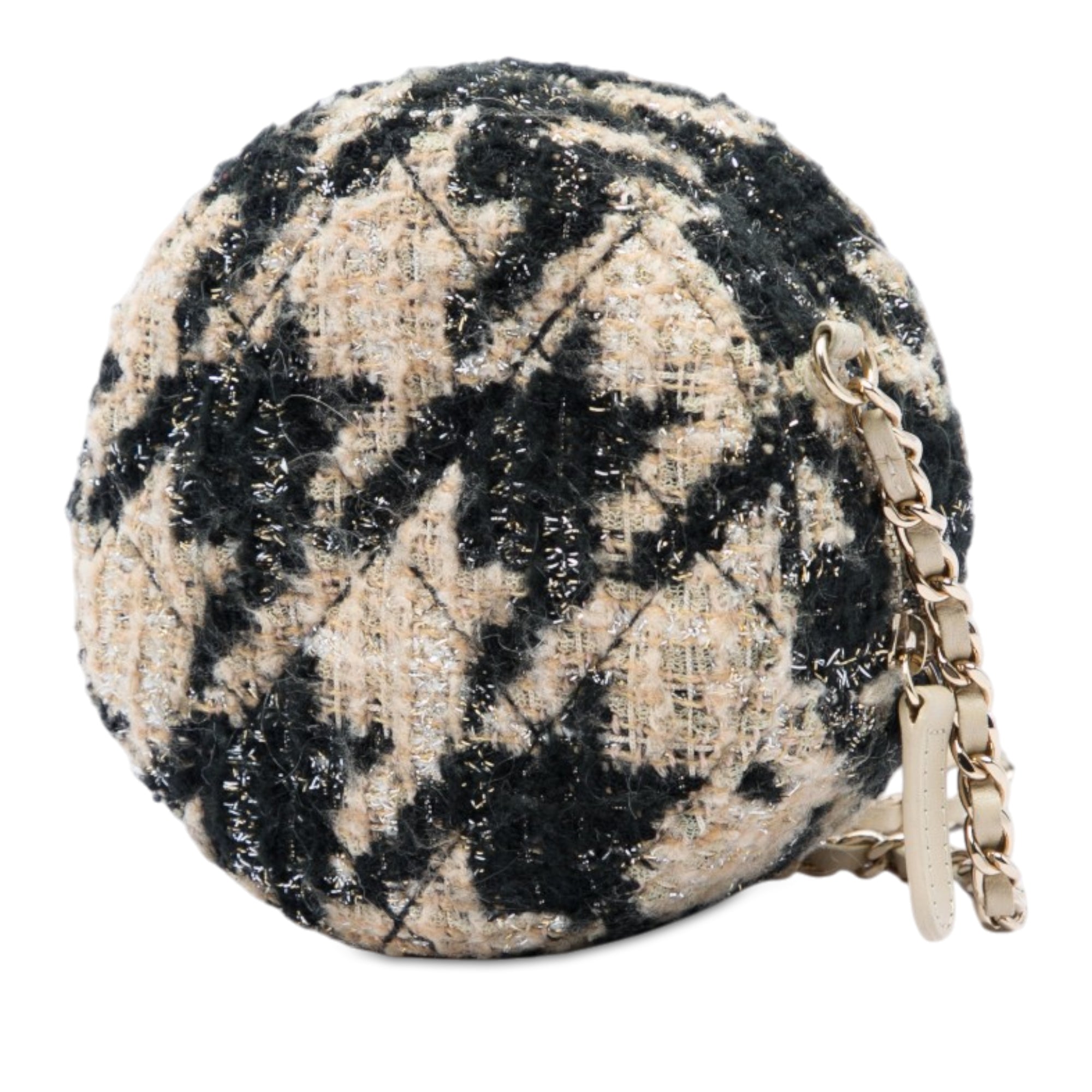 Chanel CC Quilted Tweed and Shearling Round Clutch With Chain - image 2