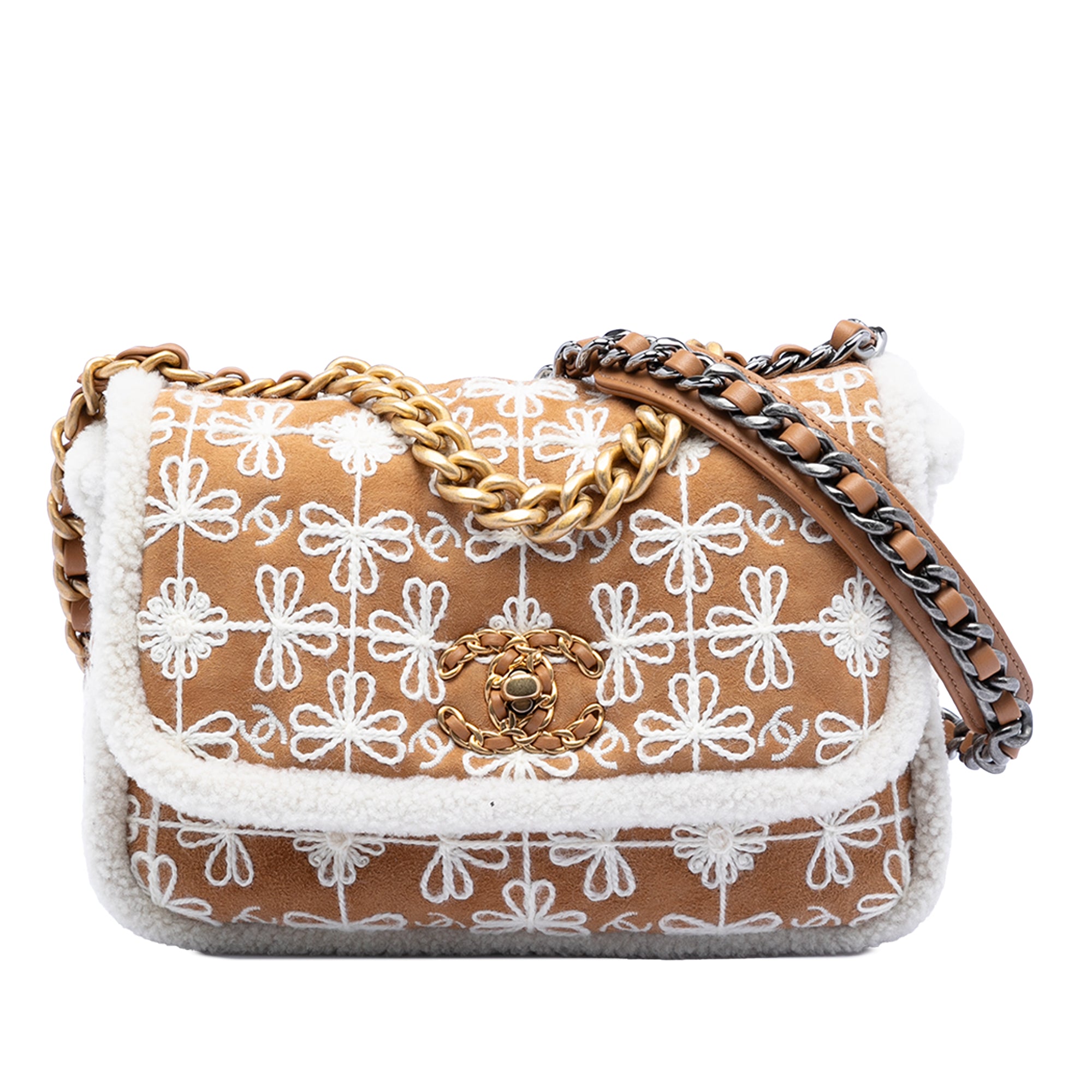 Chanel Medium Embroidered Suede 19 Flap with Shearling Trim - image 1