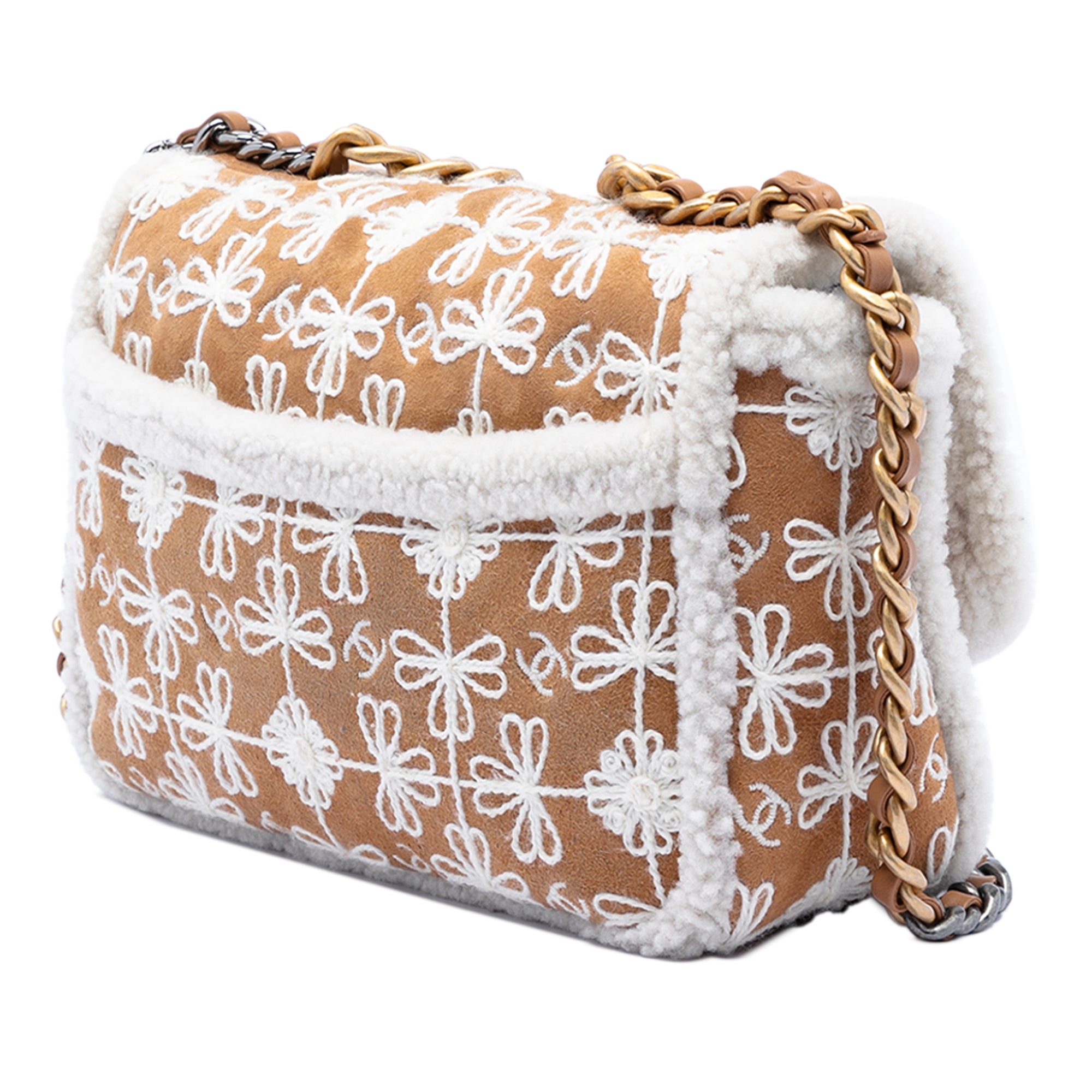 Chanel Medium Embroidered Suede 19 Flap with Shearling Trim - image 2