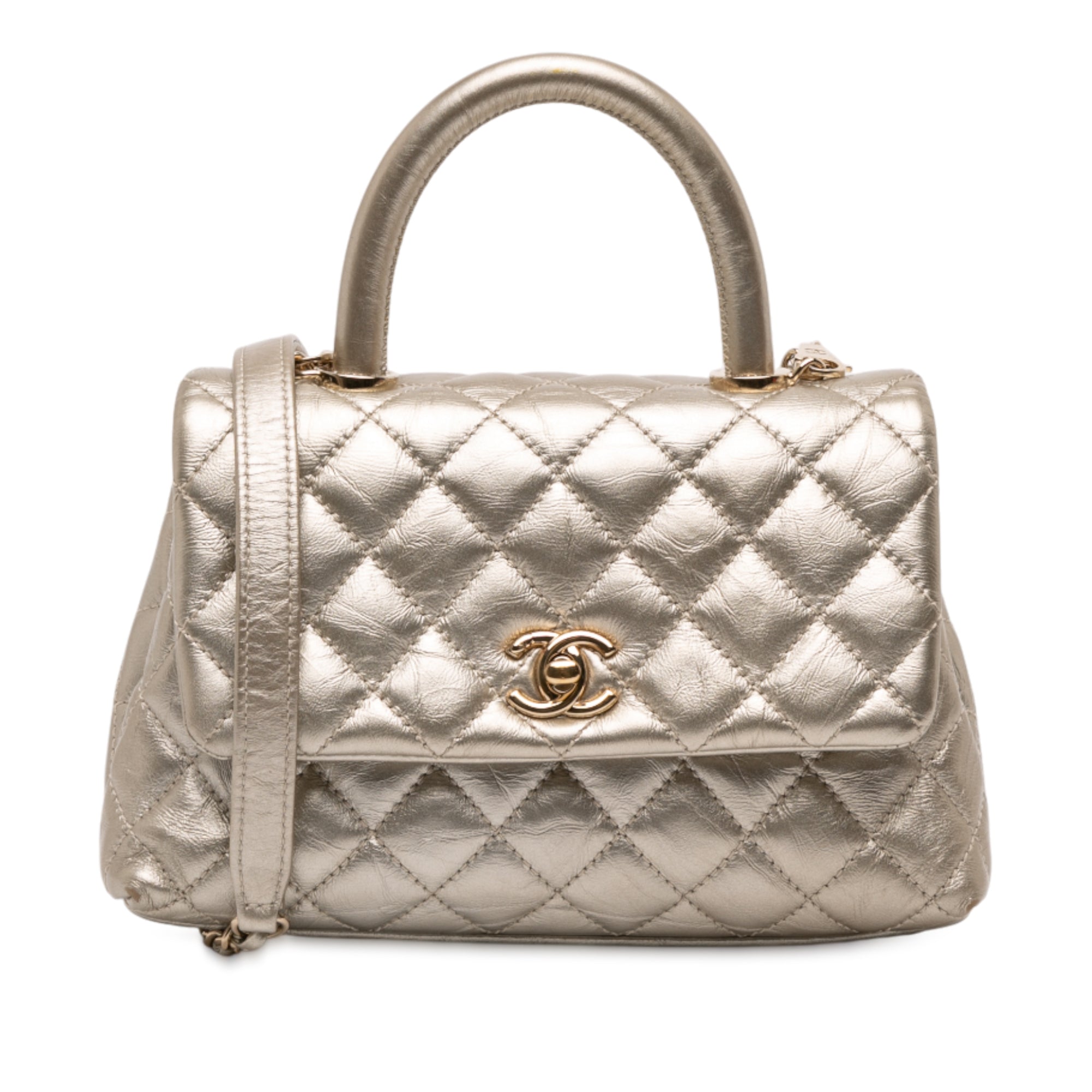 Chanel Small Quilted Metallic Calfskin Coco Top Handle Bag - image 1