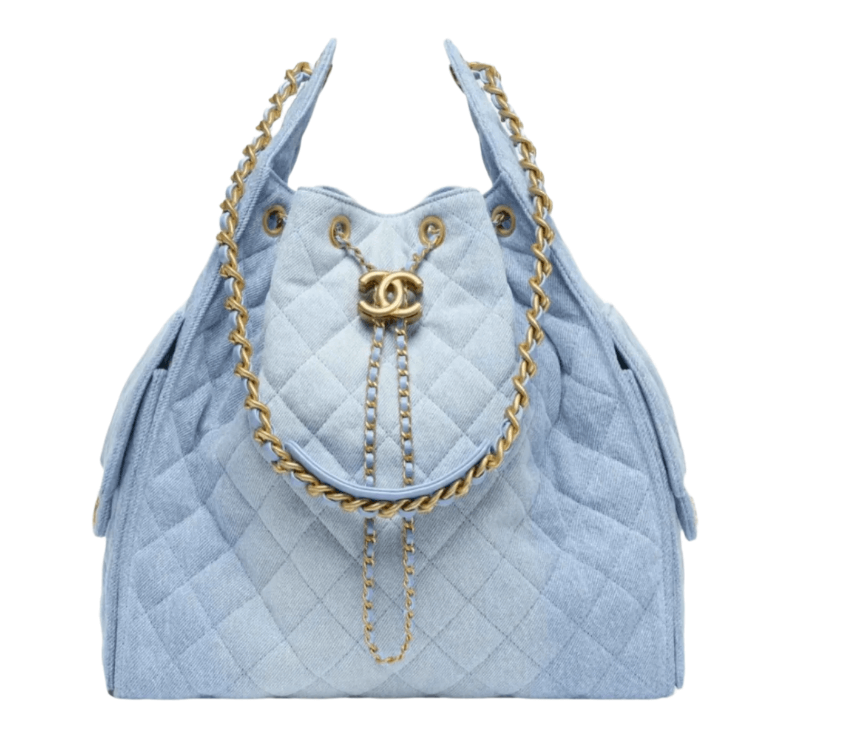 Chanel 25 Medium Handbag in soft washed denim with gold-tone CC turn-lock closure, flap top design, and shoulder or handheld carry options