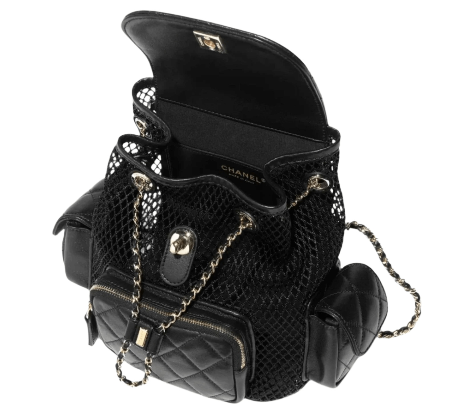 Chanel backpack in black mesh and shiny lambskin with gold-tone hardware, featuring CC logo detail, adjustable straps, and compact structured silhouette