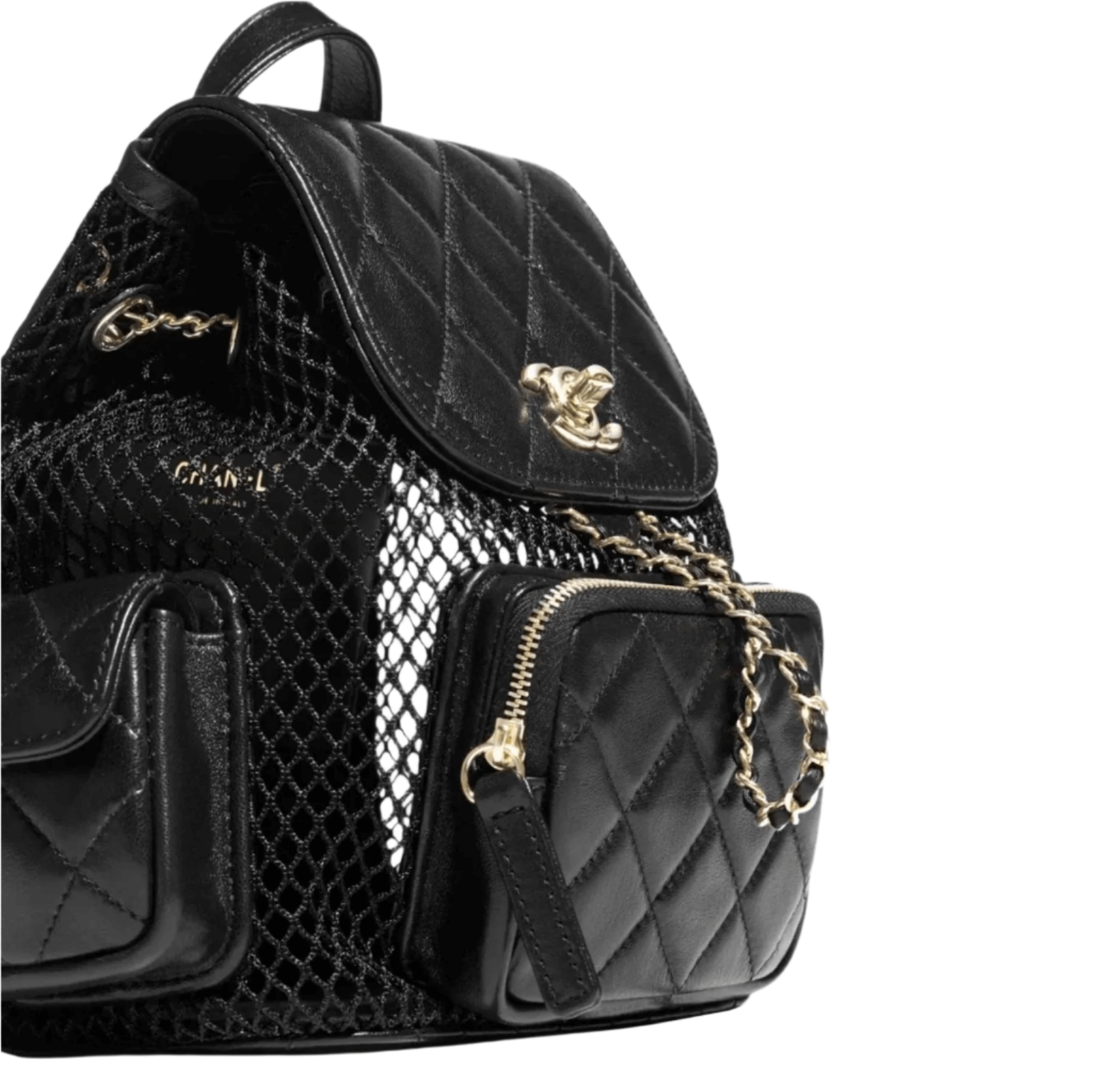 Chanel backpack in black mesh and shiny lambskin with gold-tone hardware, featuring CC logo detail, adjustable straps, and compact structured silhouette