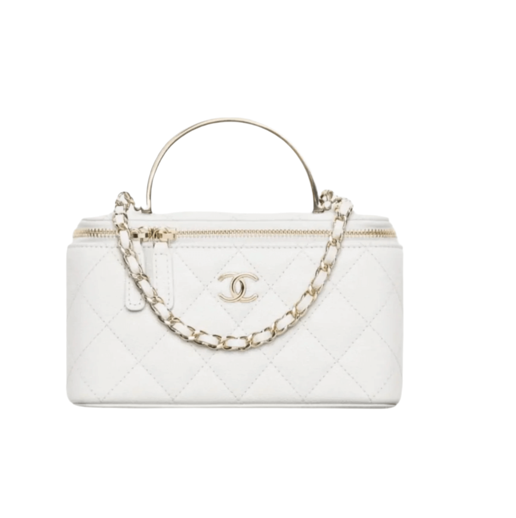 Chanel Long Vanity Bag in shiny grained calfskin with zip-around closure and interwoven leather-and-enamel chain strap
