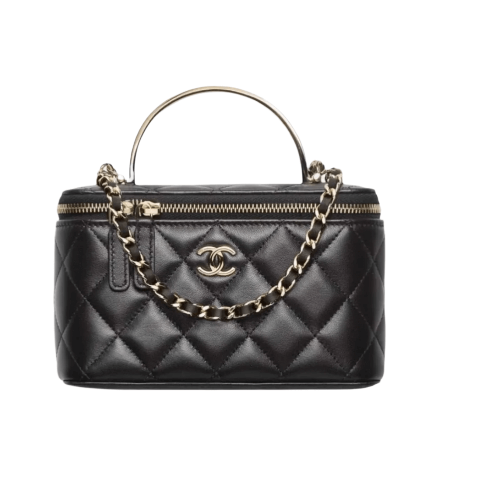 Chanel Long Vanity with Chain in shiny grained calfskin featuring zip-around closure, CC logo, and enamel-detailed leather-woven chain strap
