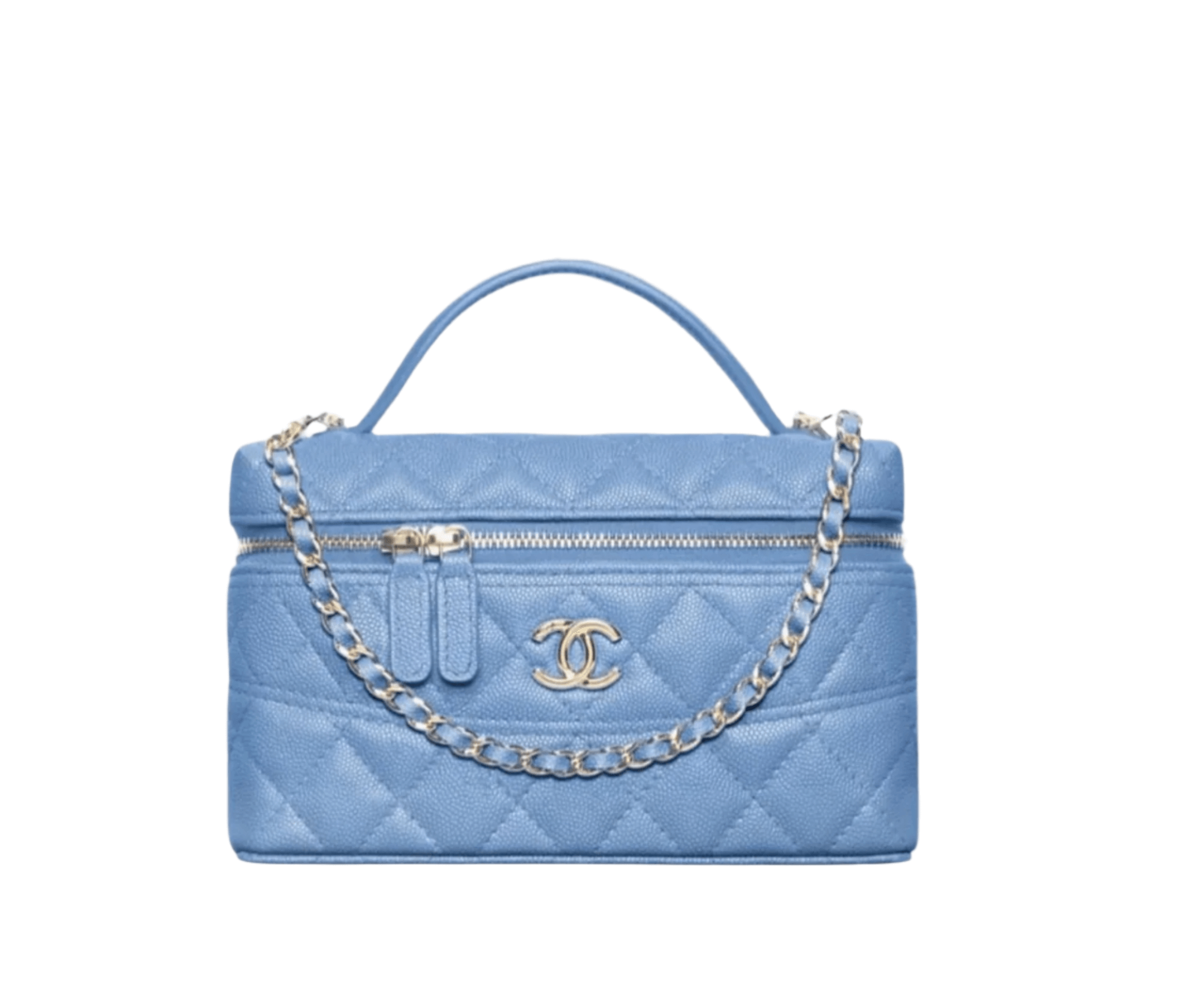 Chanel Vanity with Chain in grained calfskin featuring quilted pattern, gold-tone CC logo, and zip-around closure
