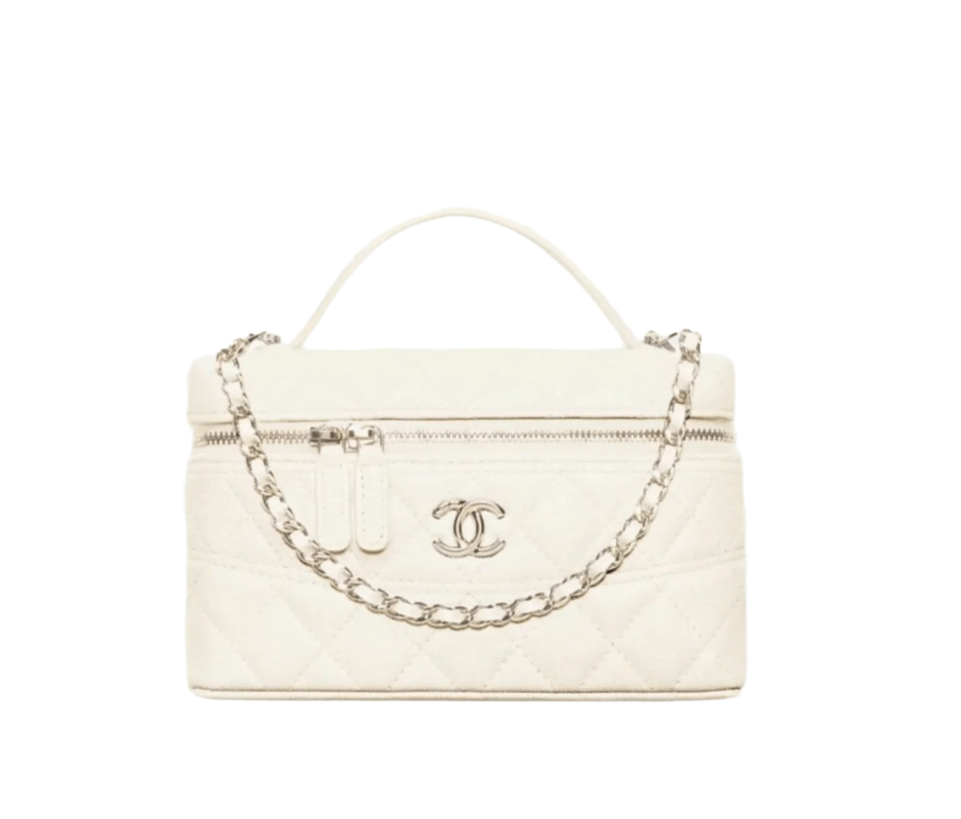 Chanel Vanity with Chain in grained calfskin featuring quilted pattern, gold-tone CC logo, and zip-around closure
