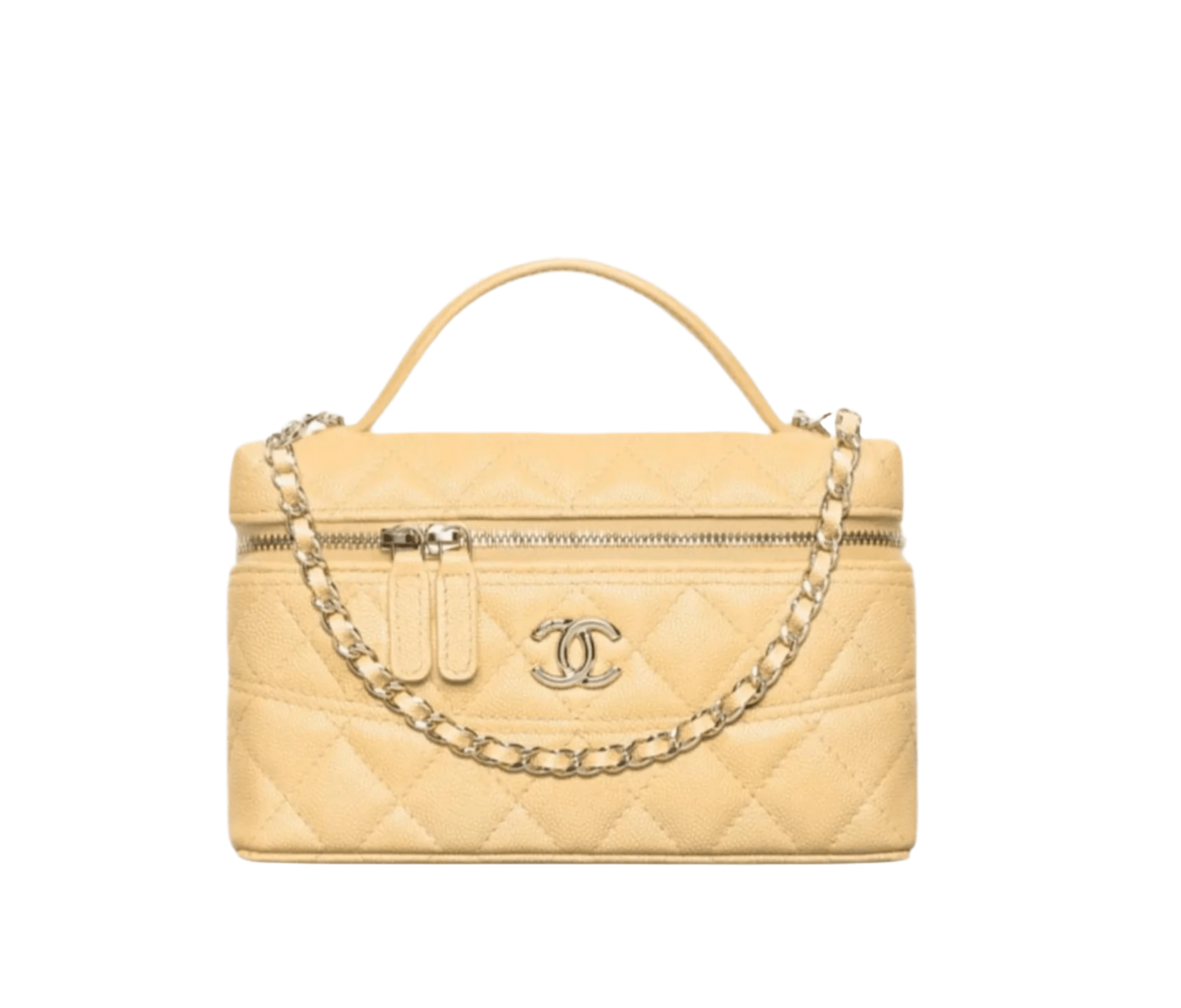 Chanel Vanity Bag in quilted grained calfskin with gold-tone CC logo and leather-woven chain strap in compact box silhouette
