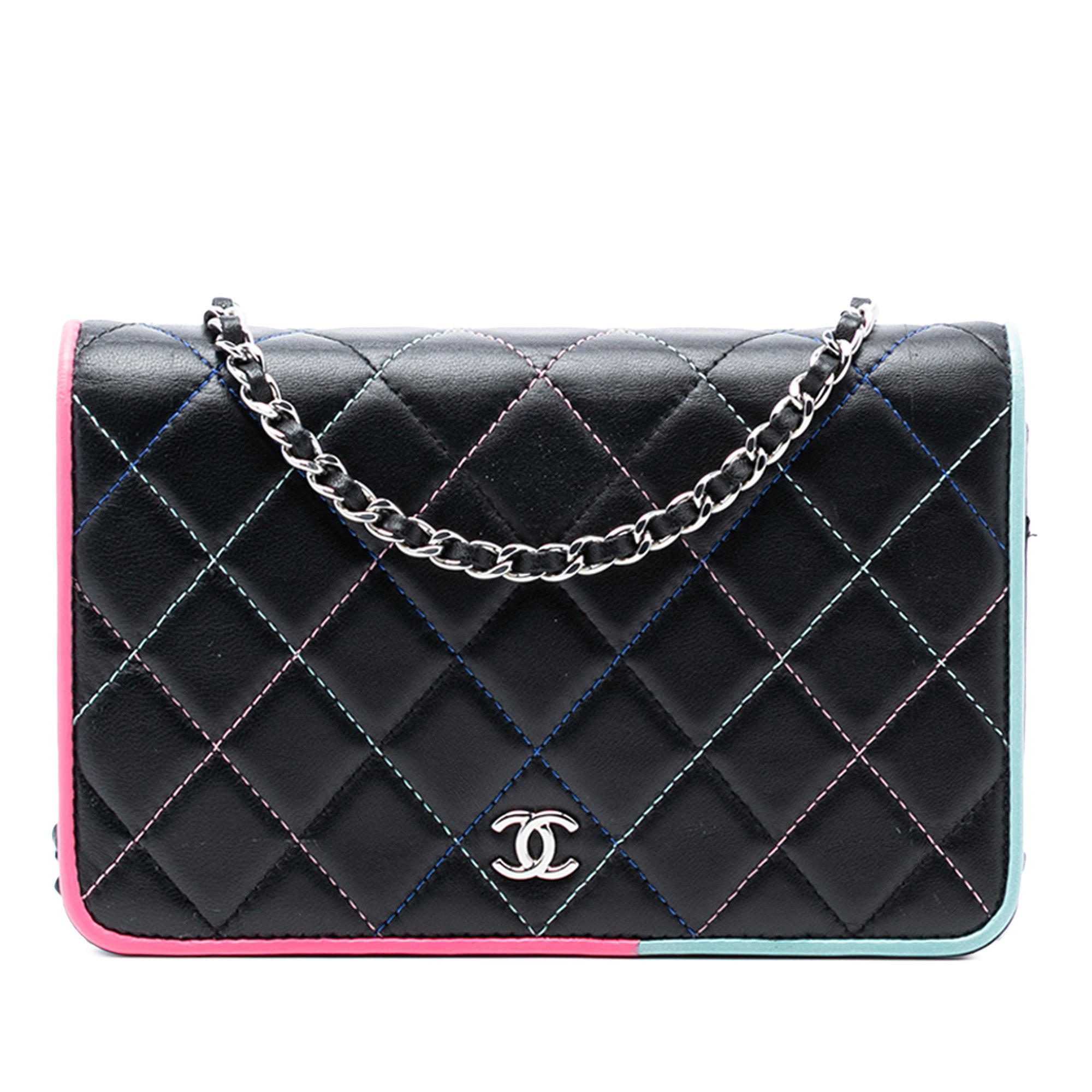 Chanel CC Quilted Lambskin Multicolor Border Full Flap Wallet on Chain - image 1