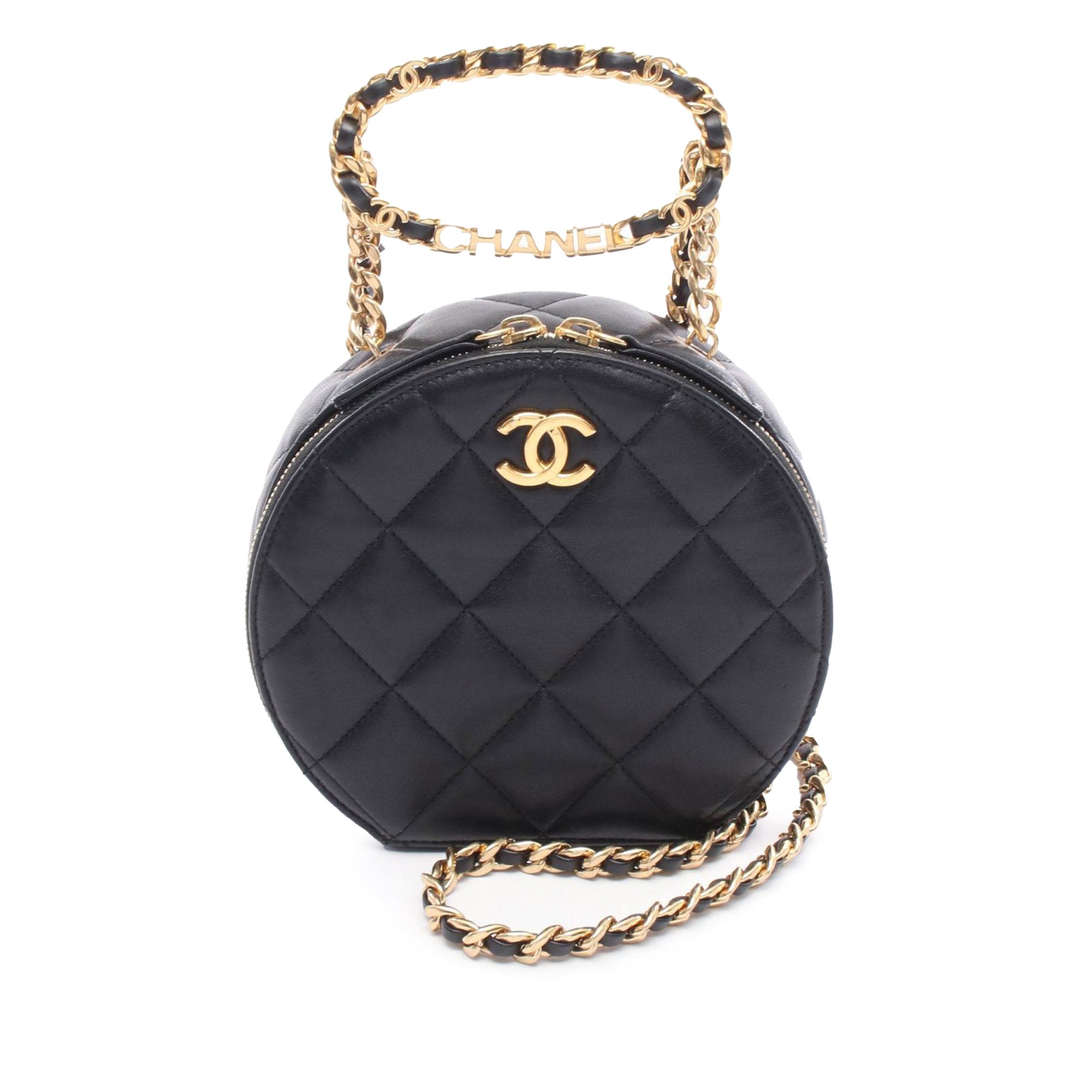 Chanel Quilted Lambskin Oval Logo Chain Top Handle Round Clutch on Chain - image 1