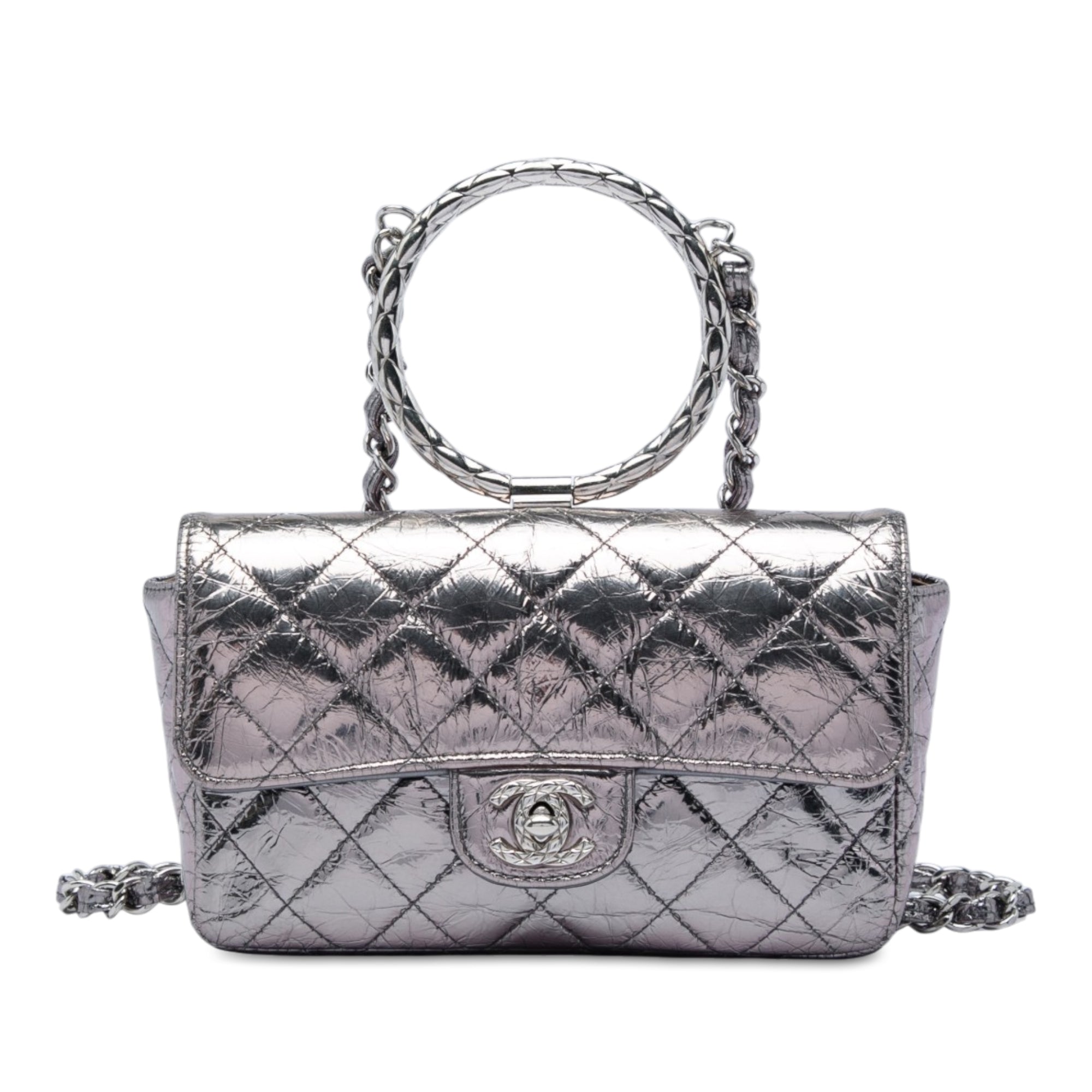 Chanel Mini Quilted Metallic Crumpled Calfskin Ring Top Handle Flap - image 1