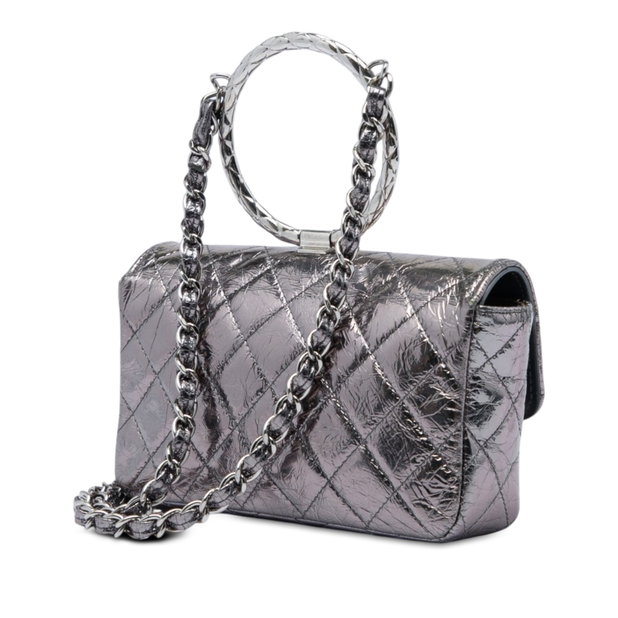 Chanel Mini Quilted Metallic Crumpled Calfskin Ring Top Handle Flap - image 2