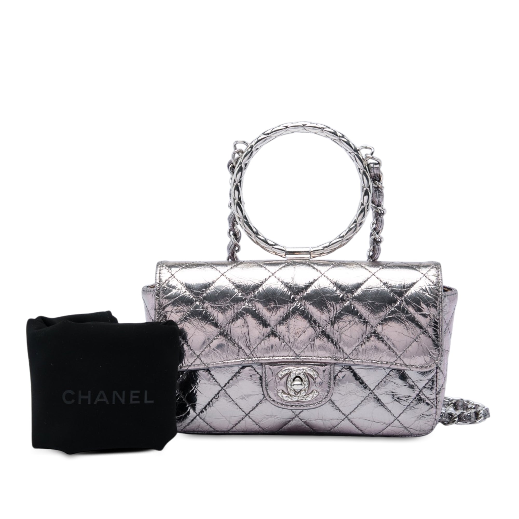 Chanel Mini Quilted Metallic Crumpled Calfskin Ring Top Handle Flap - image 6
