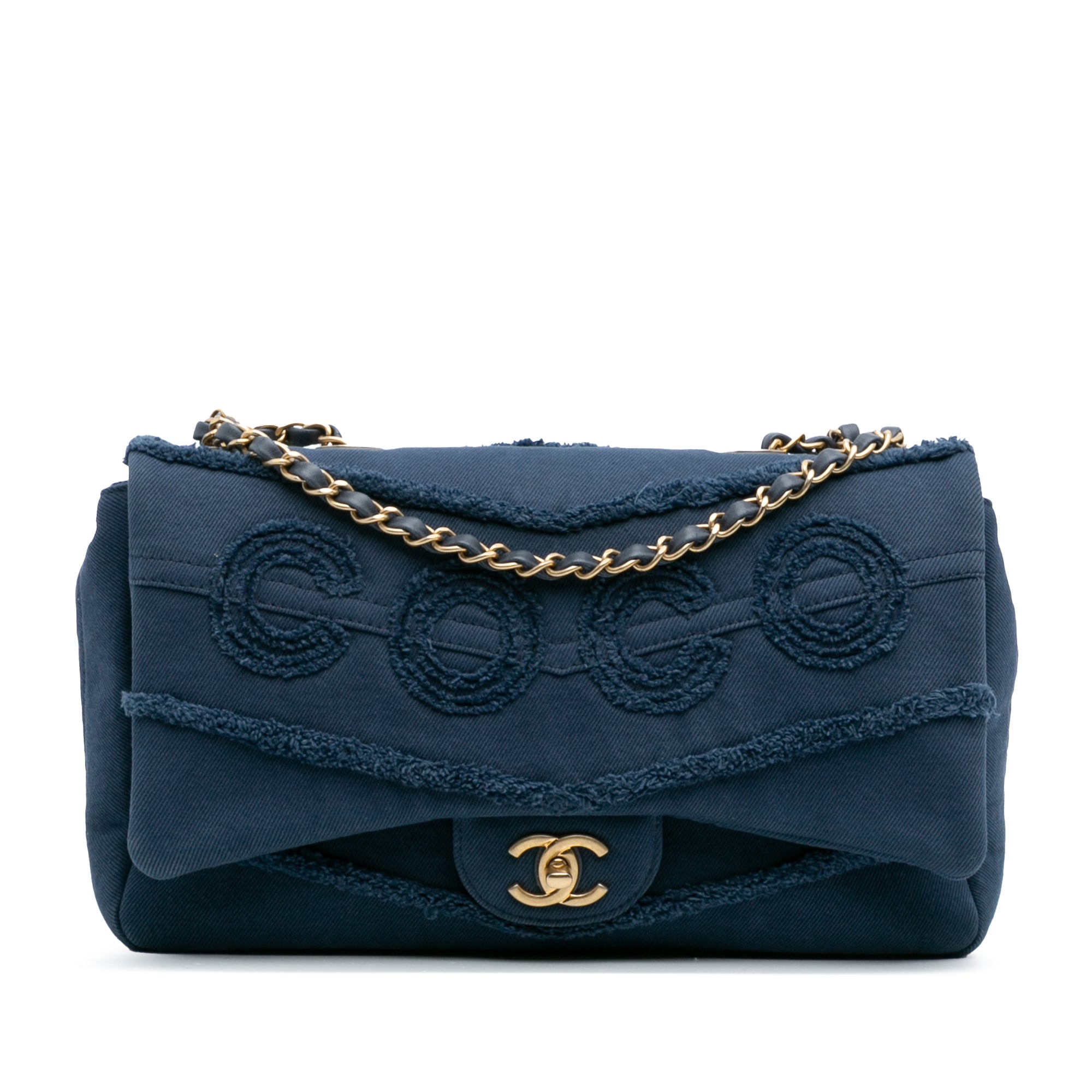 Chanel Jumbo Chevron Denim Fringe Coco Flap - image 1